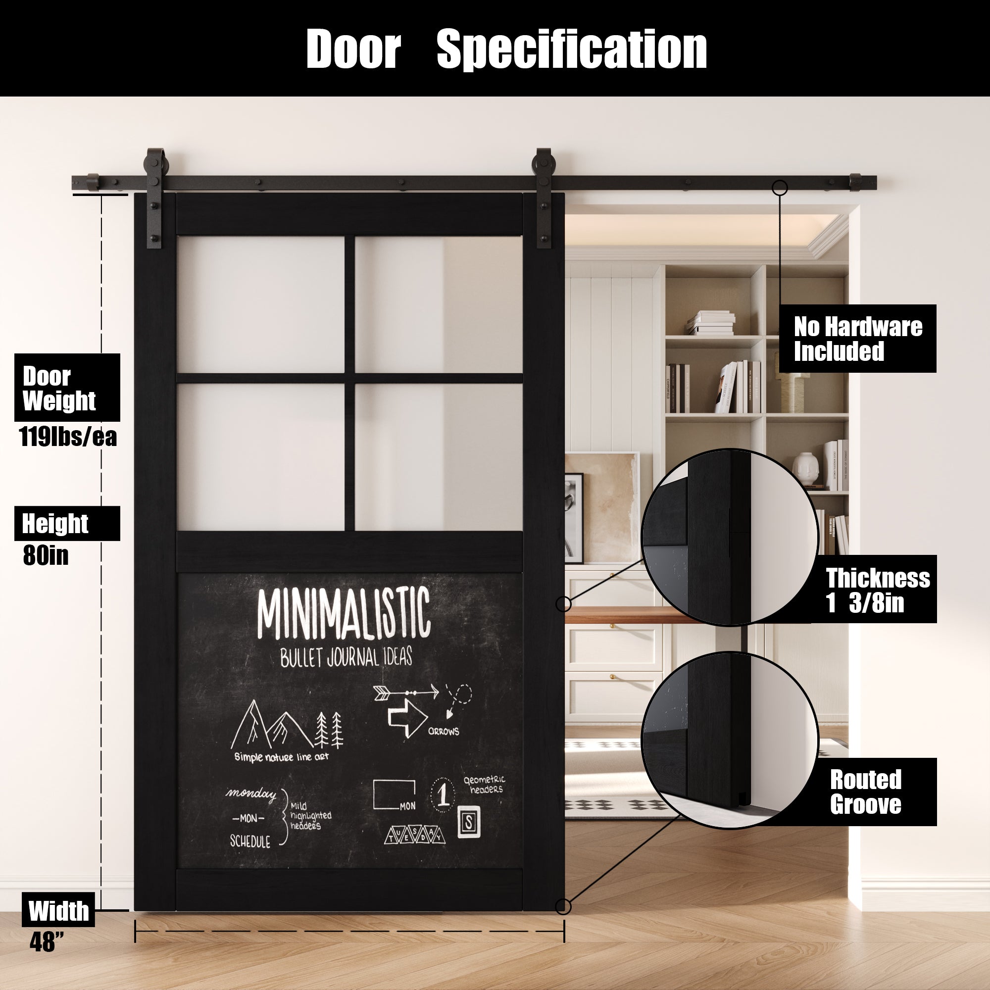 80" Height Black Half Lite Chalkboard Unassembled & Finished Pine Wood Barn Door (Interior Use Only)