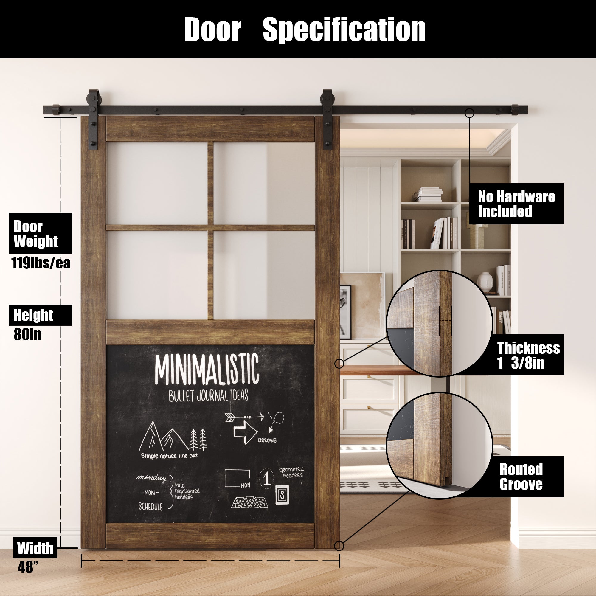 80" Height Dark Walnut Half Lite Chalkboard Unassembled & Finished Pine Wood Barn Door (Interior Use Only)