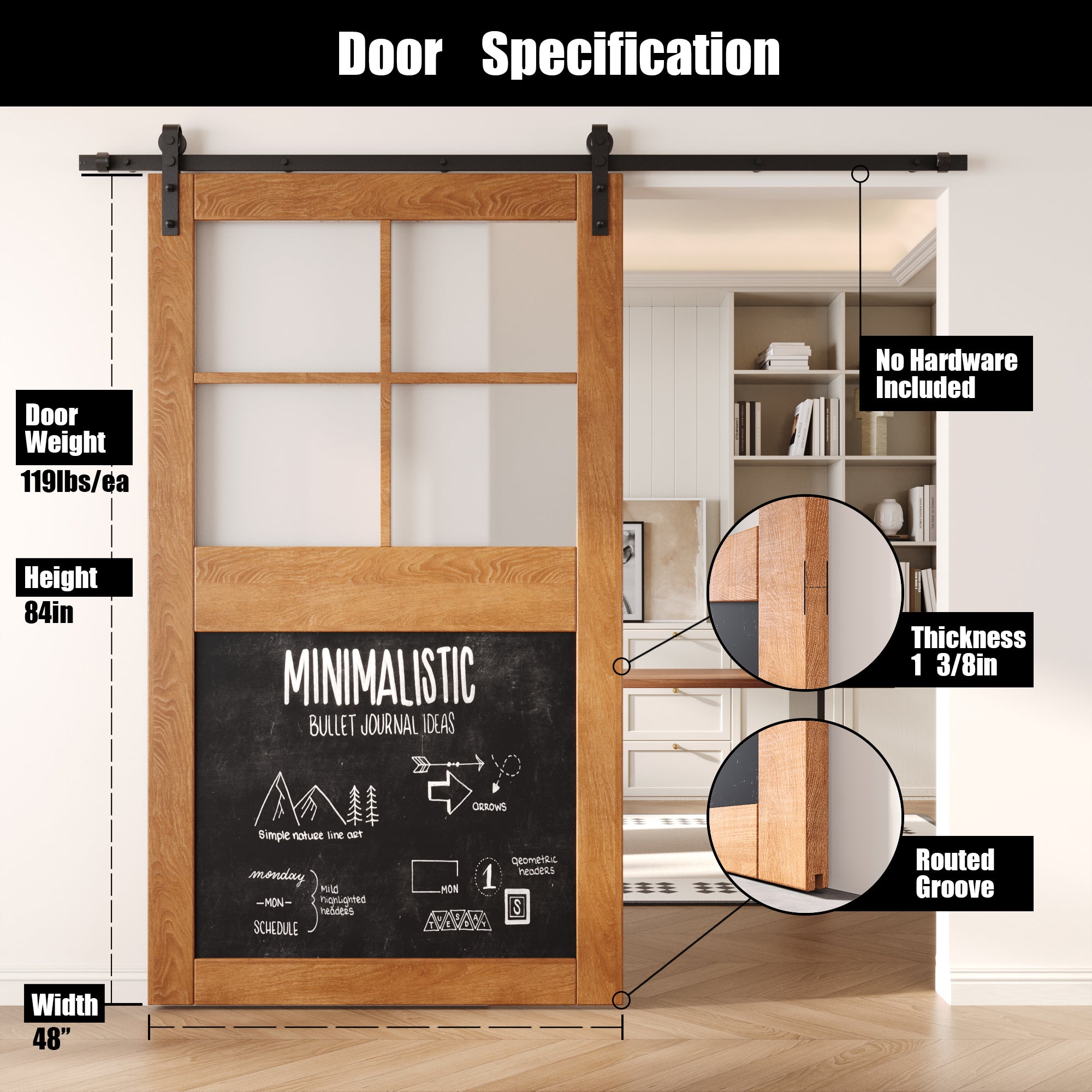 84" Height Early American Half Lite Chalkboard Unassembled & Finished Pine Wood Barn Door (Interior Use Only)