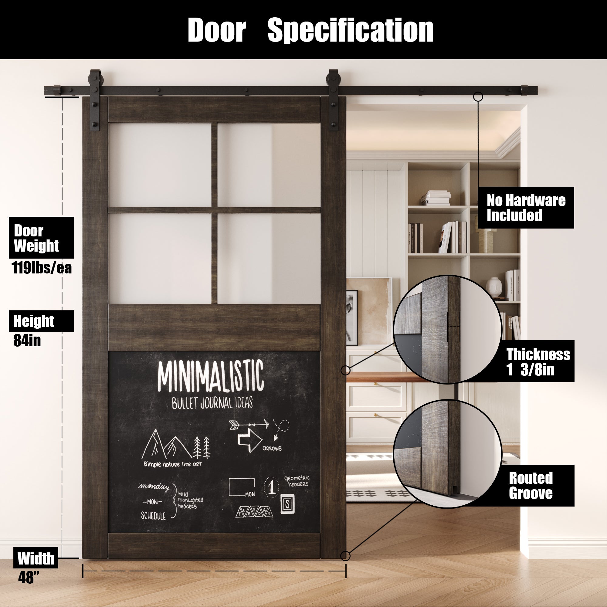 84" Height Ebony Half Lite Chalkboard Unassembled & Finished Pine Wood Barn Door (Interior Use Only)