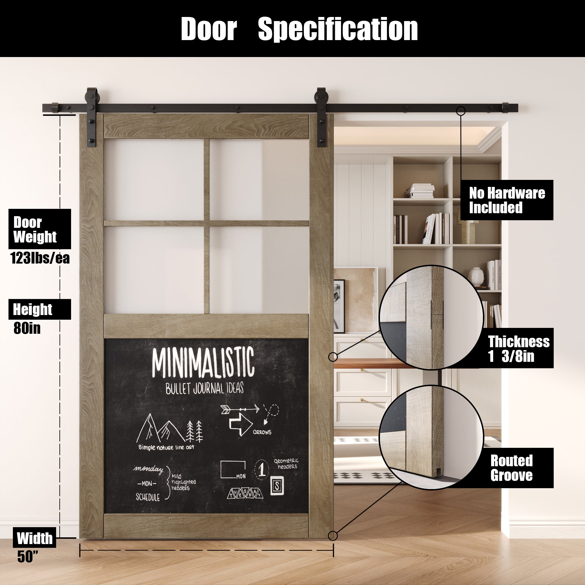 80" Height Classic Gray Half Lite Chalkboard Unassembled & Finished Pine Wood Barn Door (Interior Use Only)