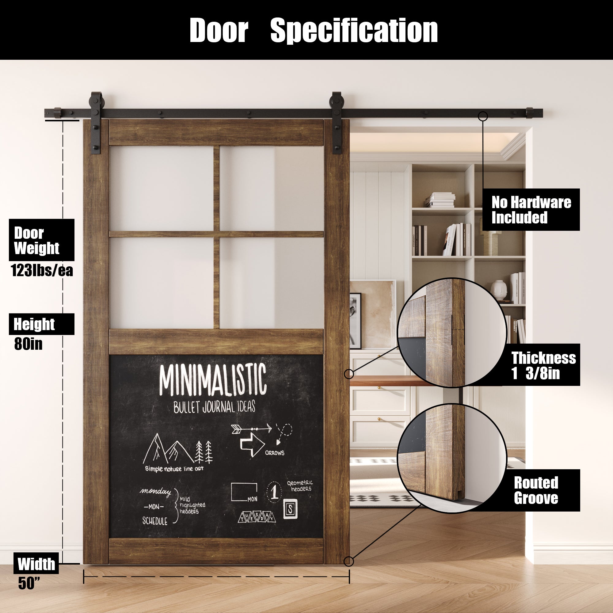 80" Height Dark Walnut Half Lite Chalkboard Unassembled & Finished Pine Wood Barn Door (Interior Use Only)