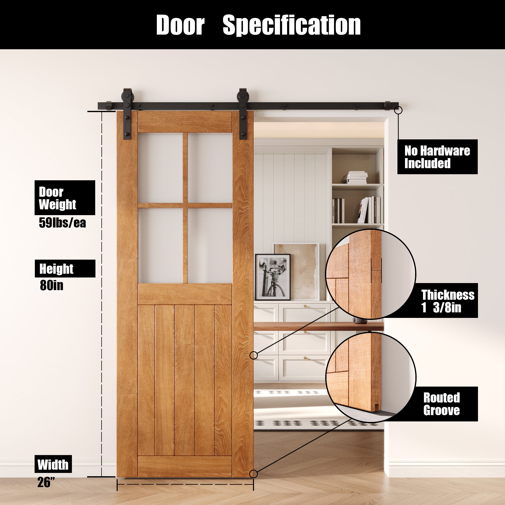 80" Height Early American Half Lite Frosted Glass Cross Design Unassembled & Finished Pine Wood Barn Door (Interior Use Only)