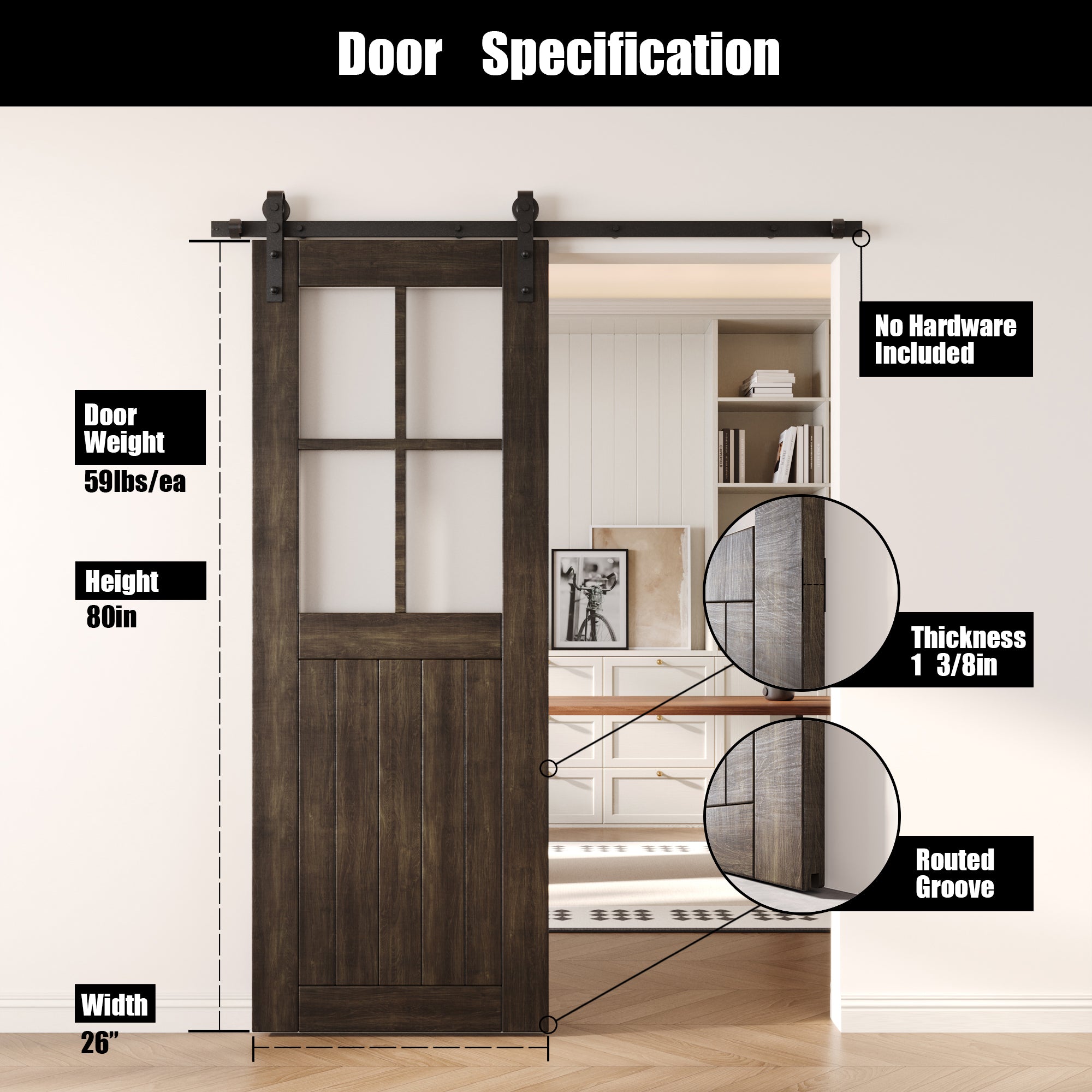 80" Height Ebony Half Lite Frosted Glass Cross Design Unassembled & Finished Pine Wood Barn Door (Interior Use Only)