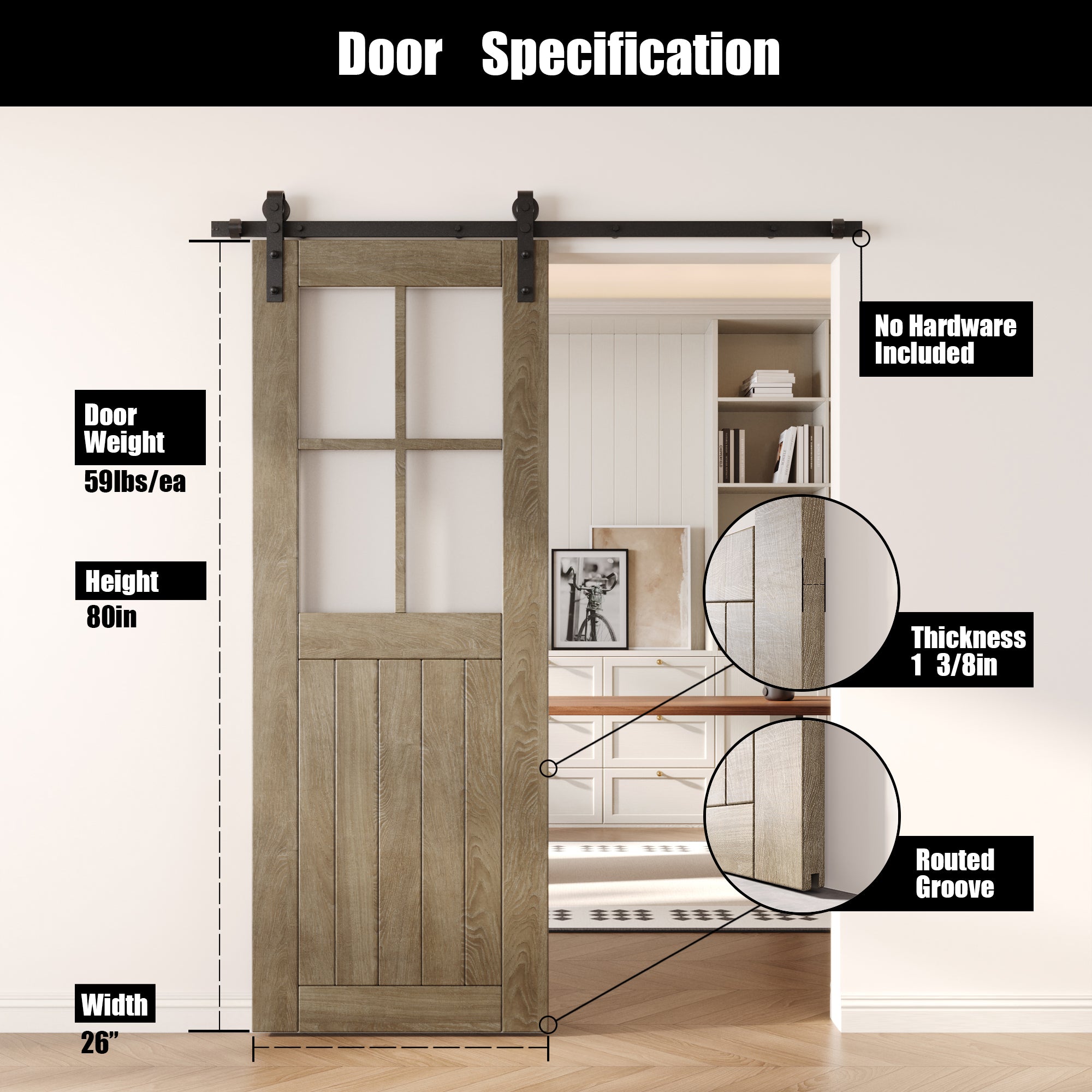 80" Height Classic Gray Half Lite Frosted Glass Cross Design Unassembled & Finished Pine Wood Barn Door (Interior Use Only)
