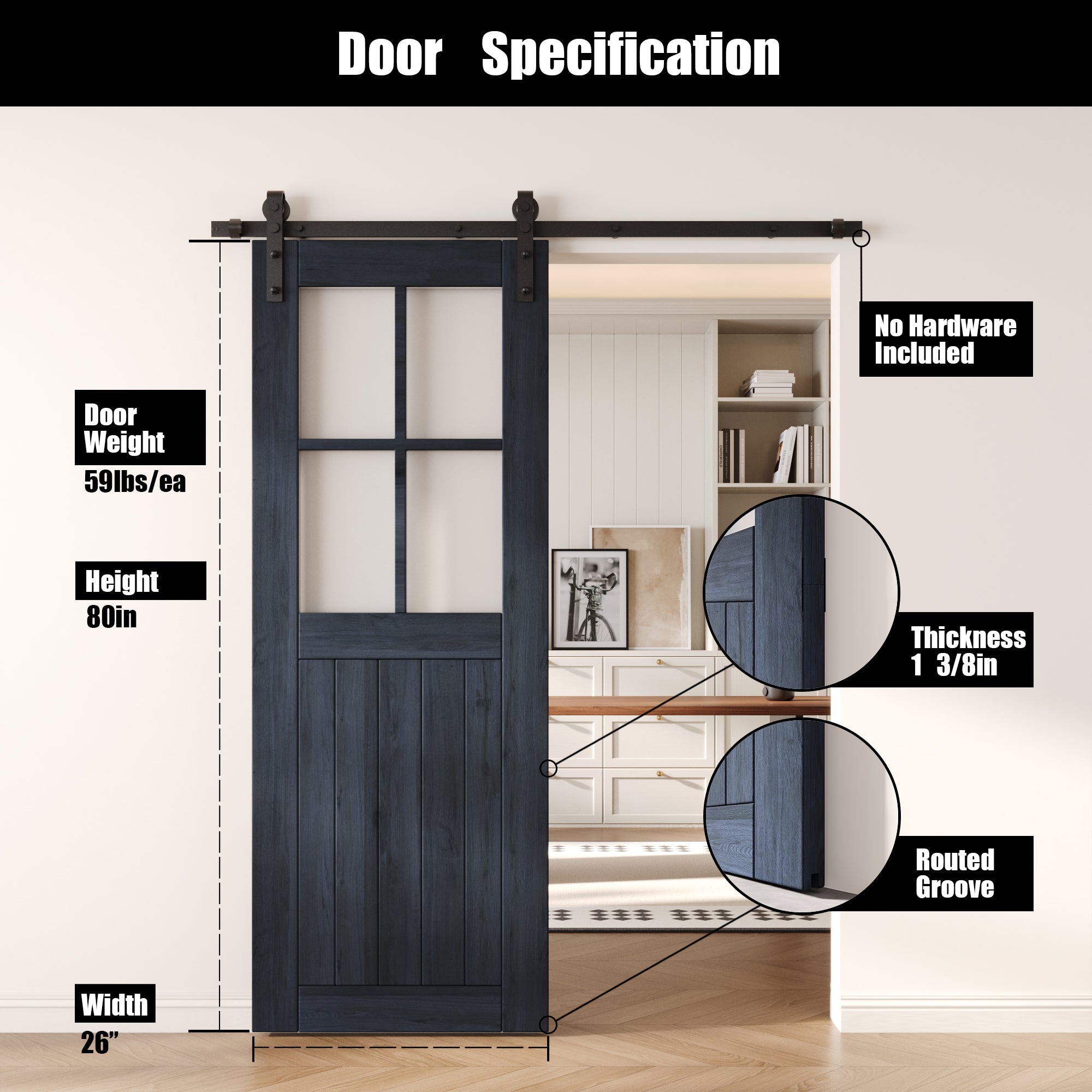 80" Height Navy Half Lite Frosted Glass Cross Design Unassembled & Finished Pine Wood Barn Door (Interior Use Only)