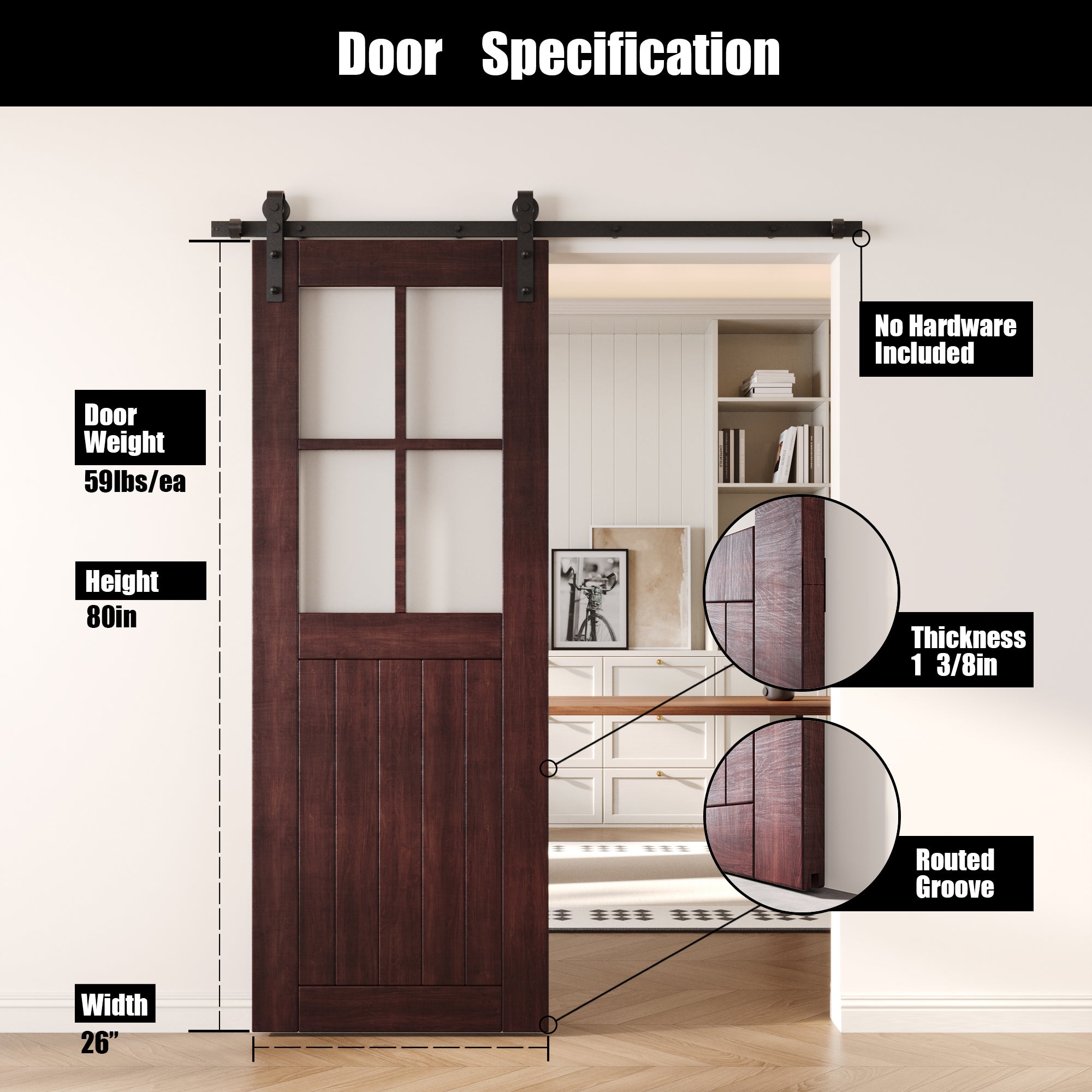 80" Height Red Mahogany Half Lite Frosted Glass Cross Design Unassembled & Finished Pine Wood Barn Door (Interior Use Only)