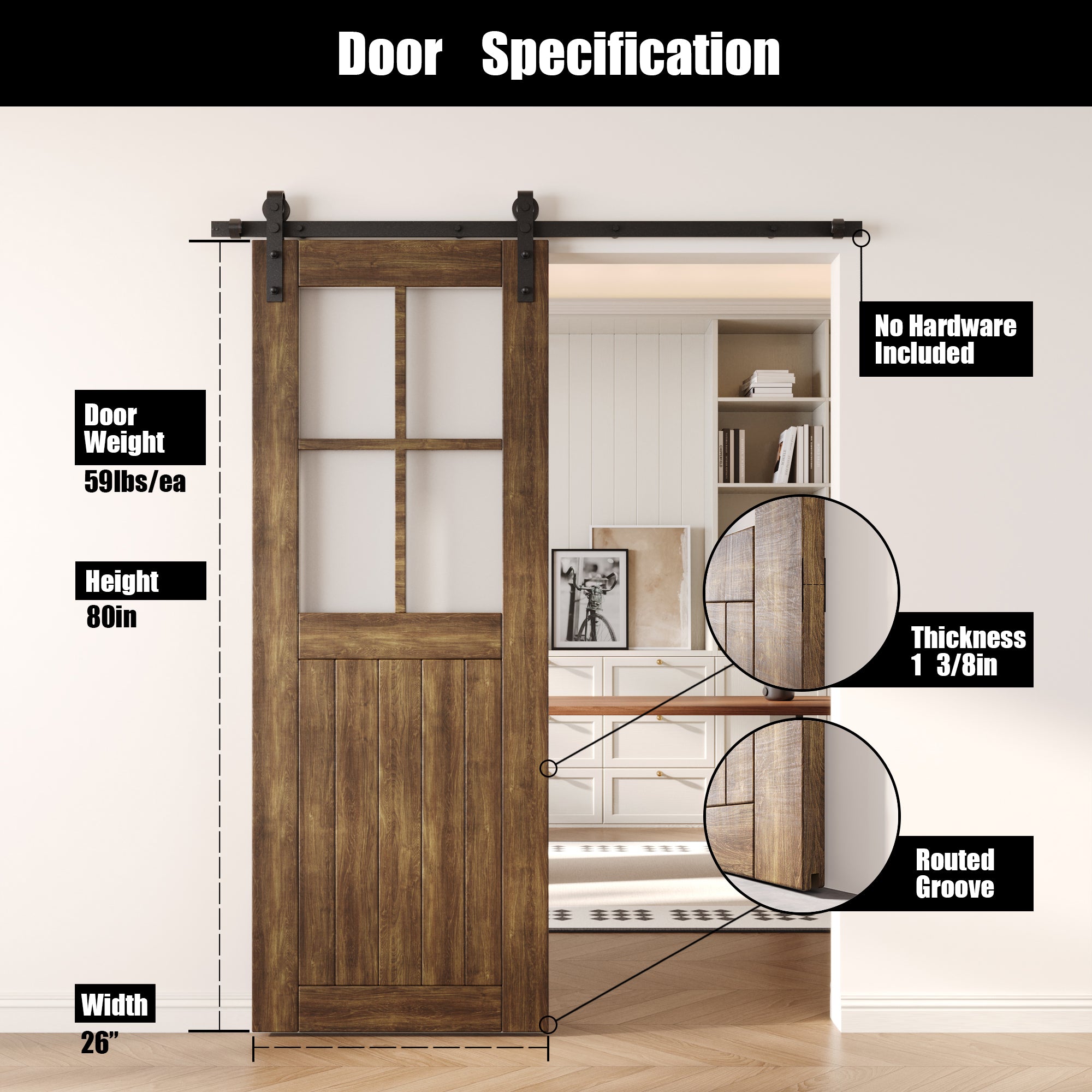 80" Height Dark Walnut Half Lite Frosted Glass Cross Design Unassembled & Finished Pine Wood Barn Door (Interior Use Only)