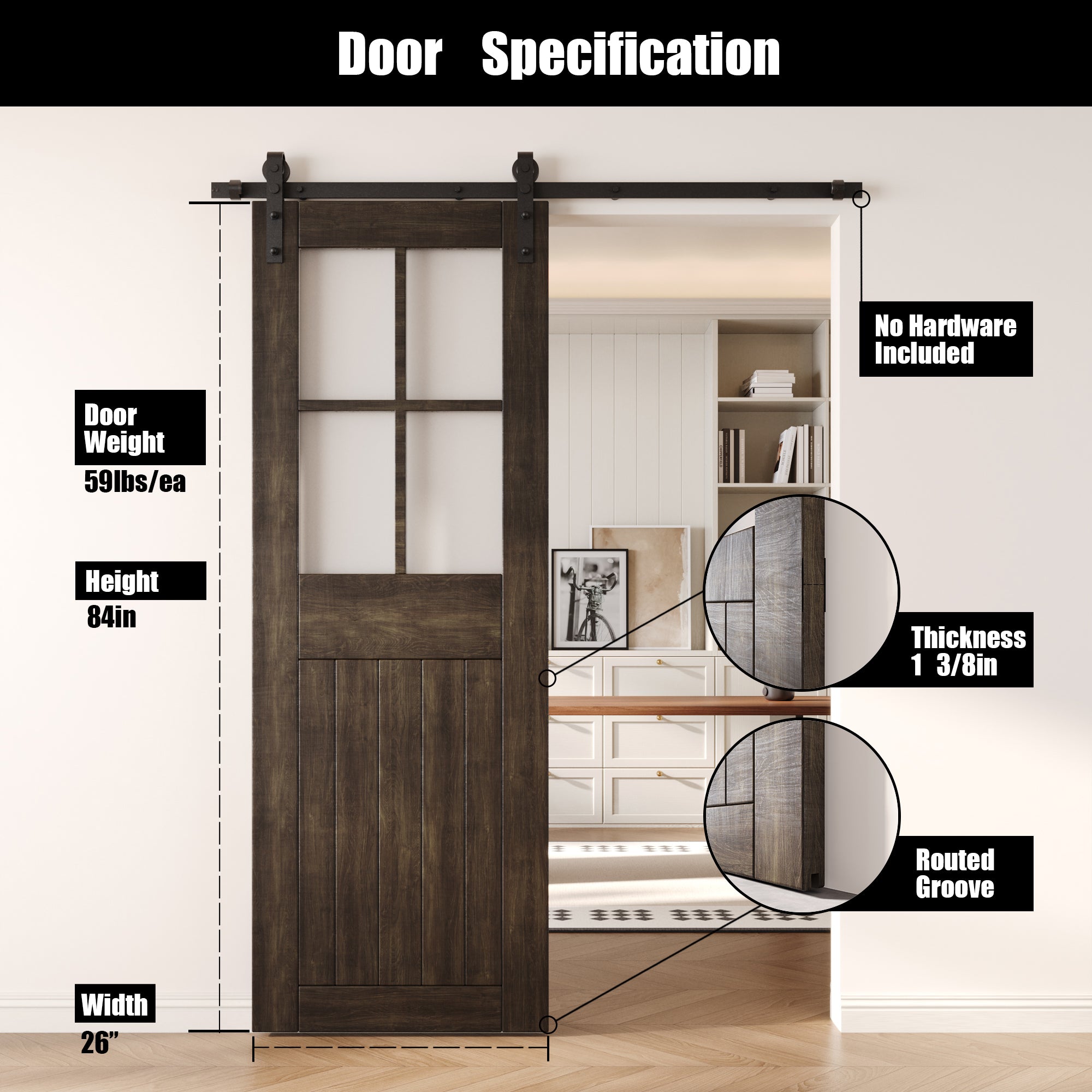 84" Height Ebony Half Lite Frosted Glass Cross Design Unassembled & Finished Pine Wood Barn Door (Interior Use Only)