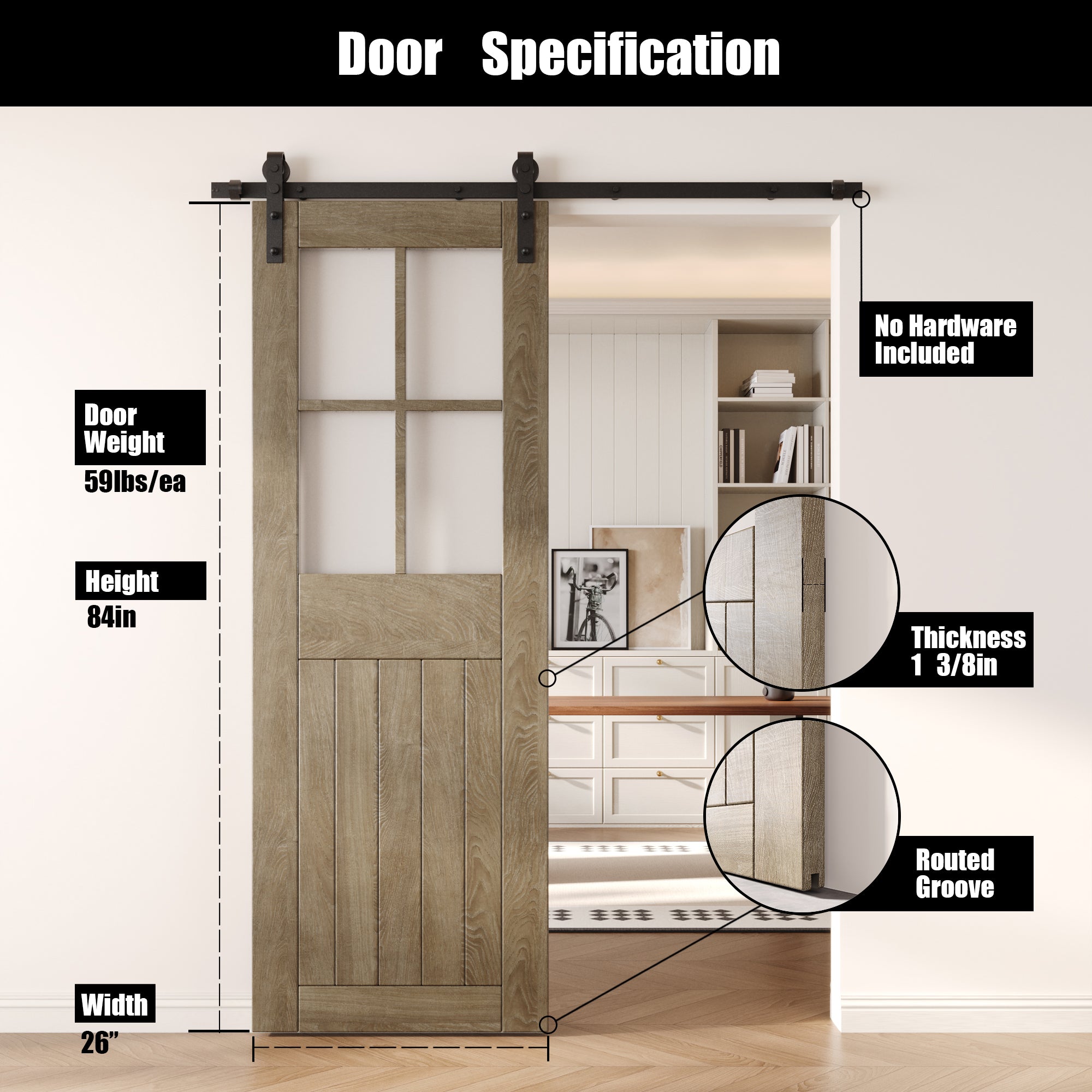 84" Height Classic Gray Half Lite Frosted Glass Cross Design Unassembled & Finished Pine Wood Barn Door (Interior Use Only)