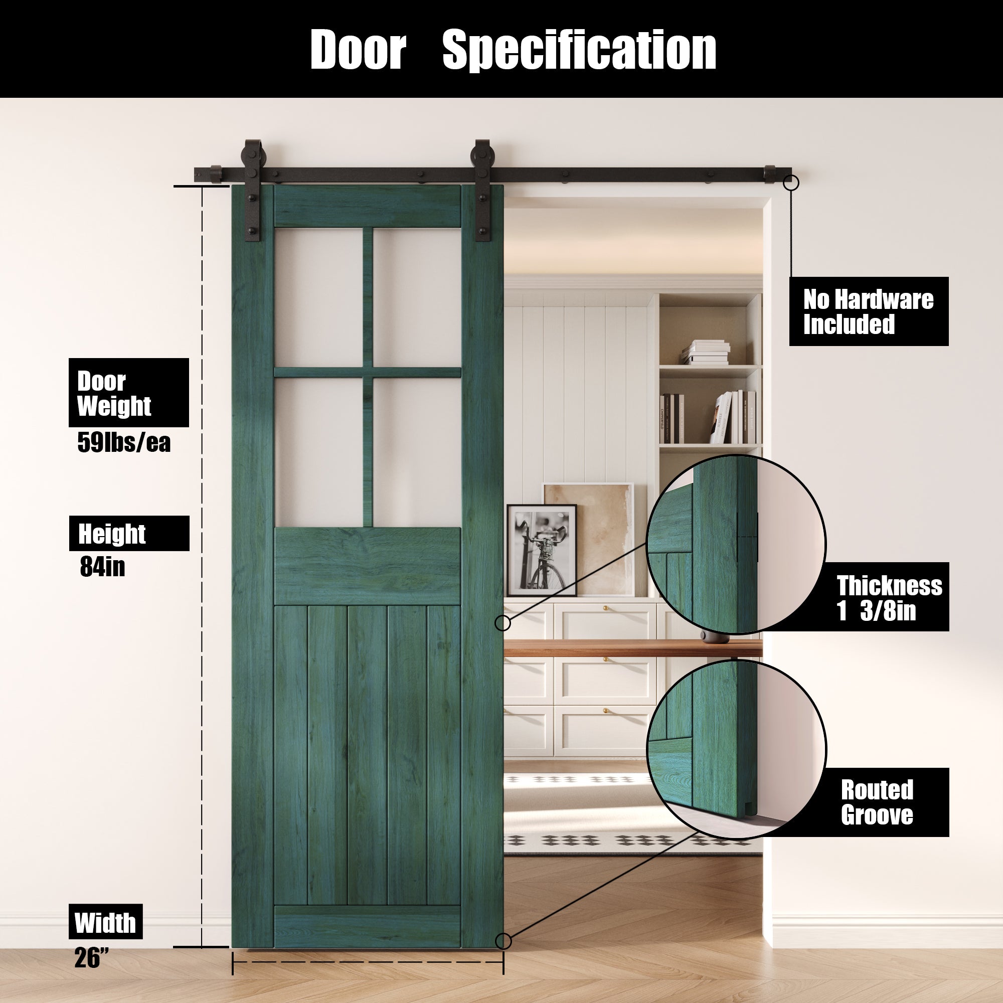 84" Height Royal Pine Half Lite Grid Glass Unassembled & Finished Pine Wood Barn Door (Interior Use Only)
