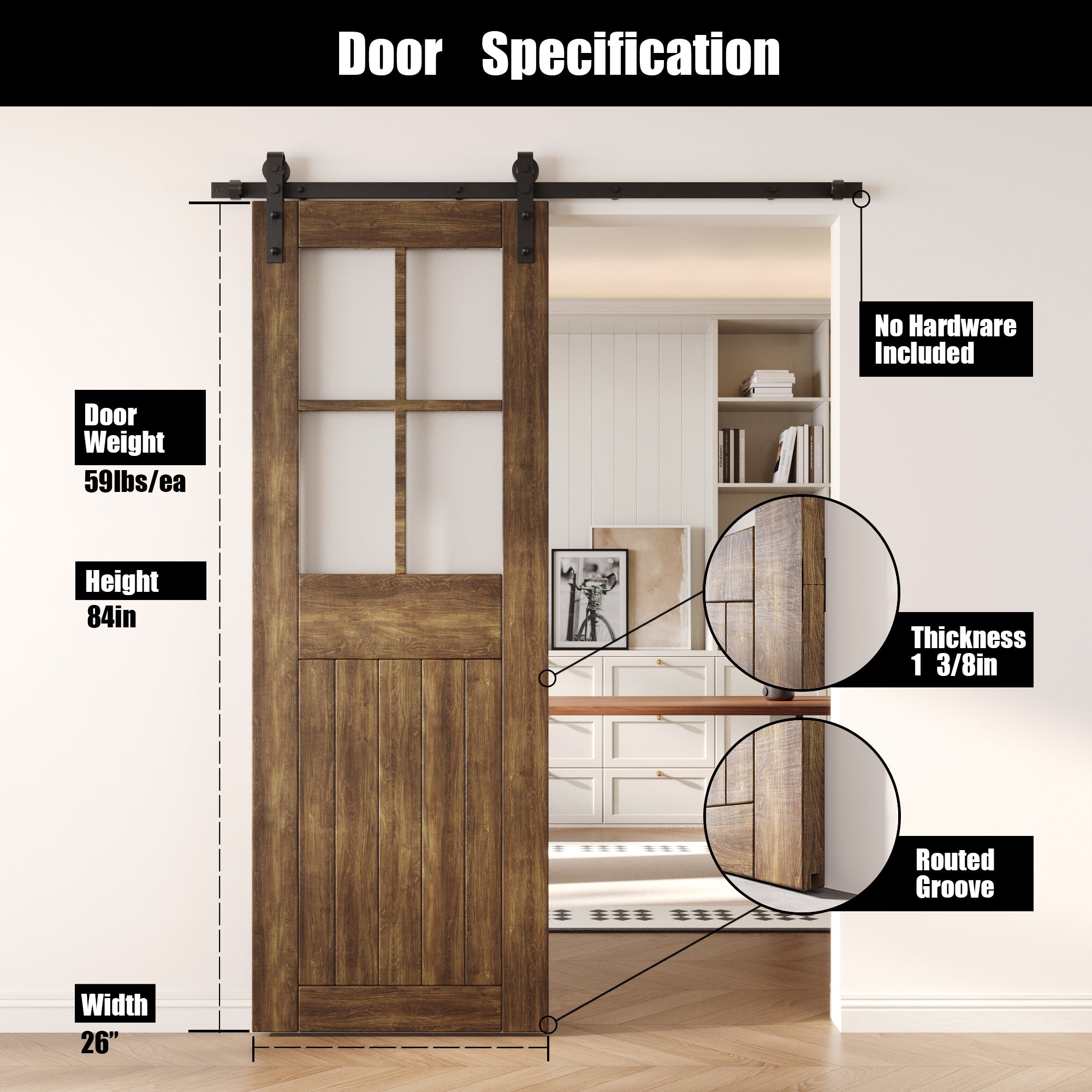 84" Height Dark Walnut Half Lite Frosted Glass Cross Design Unassembled & Finished Pine Wood Barn Door (Interior Use Only)