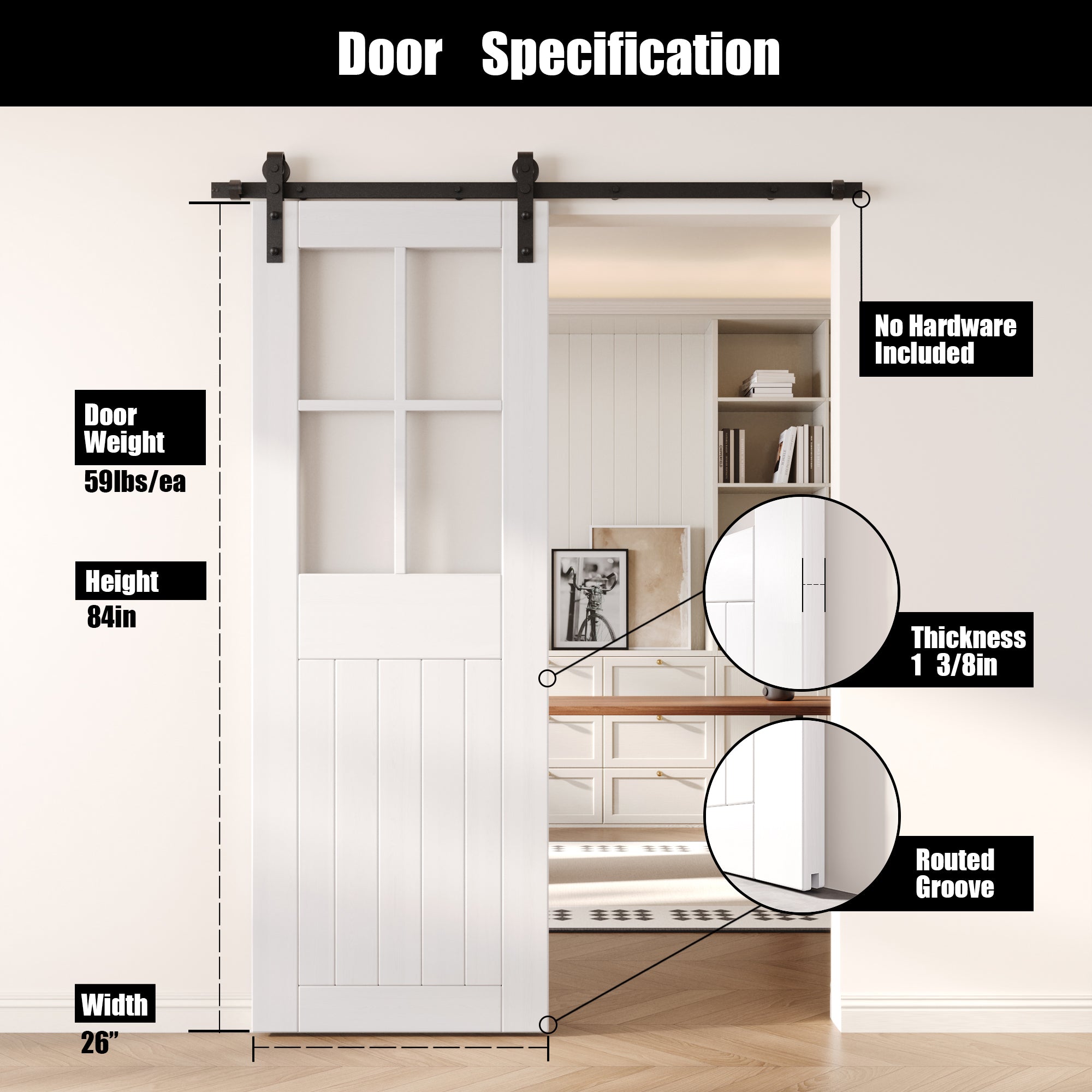 84" Height White Half Lite Grid Glass Unassembled & Finished Pine Wood Barn Door (Interior Use Only)
