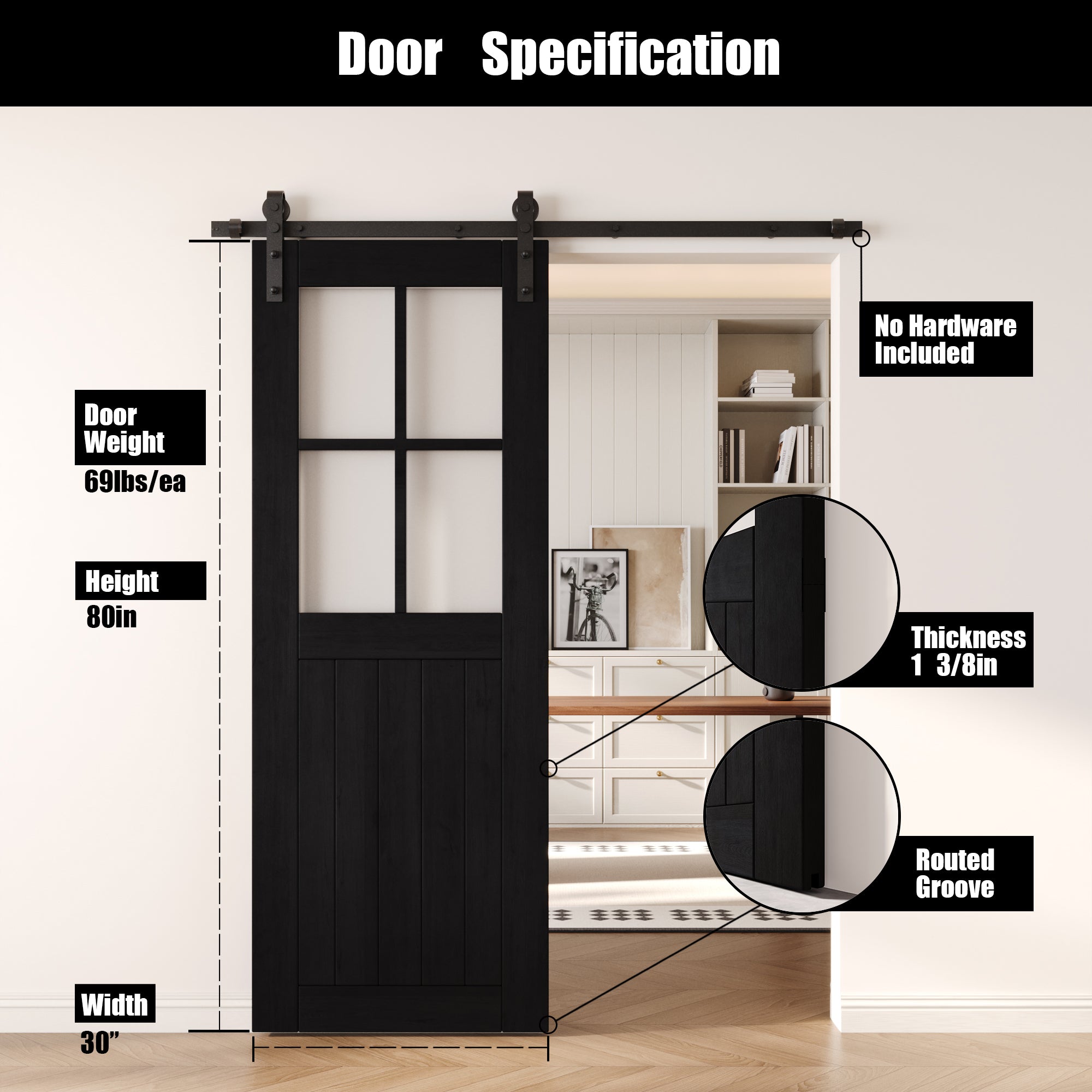 80" Height Black Half Lite Frosted Glass Cross Design Unassembled & Finished Pine Wood Barn Door (Interior Use Only)