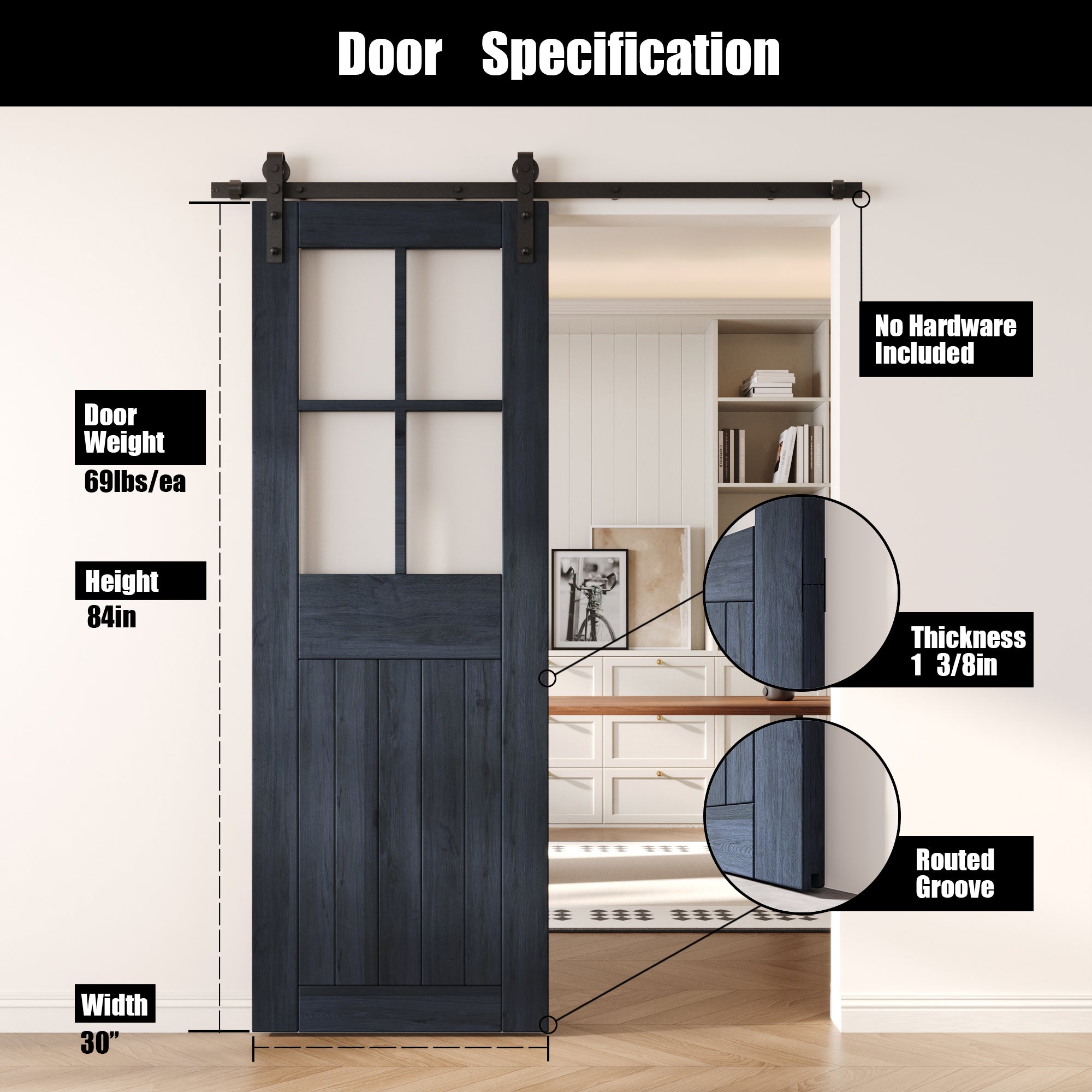 84" Height Navy Half Lite Grid Glass Unassembled & Finished Pine Wood Barn Door (Interior Use Only)