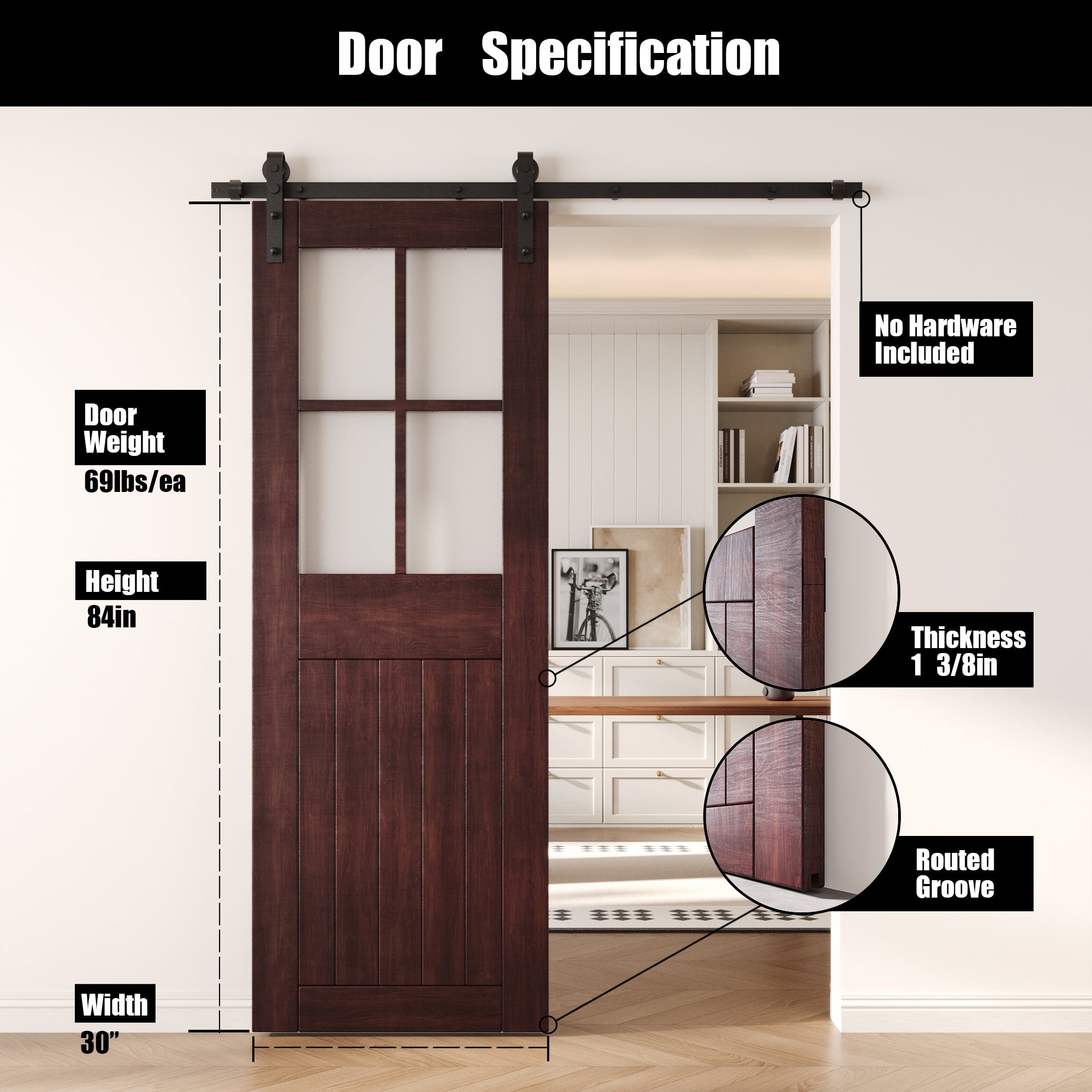 84" Height Red Mahogany Half Lite Grid Glass Unassembled & Finished Pine Wood Barn Door (Interior Use Only)