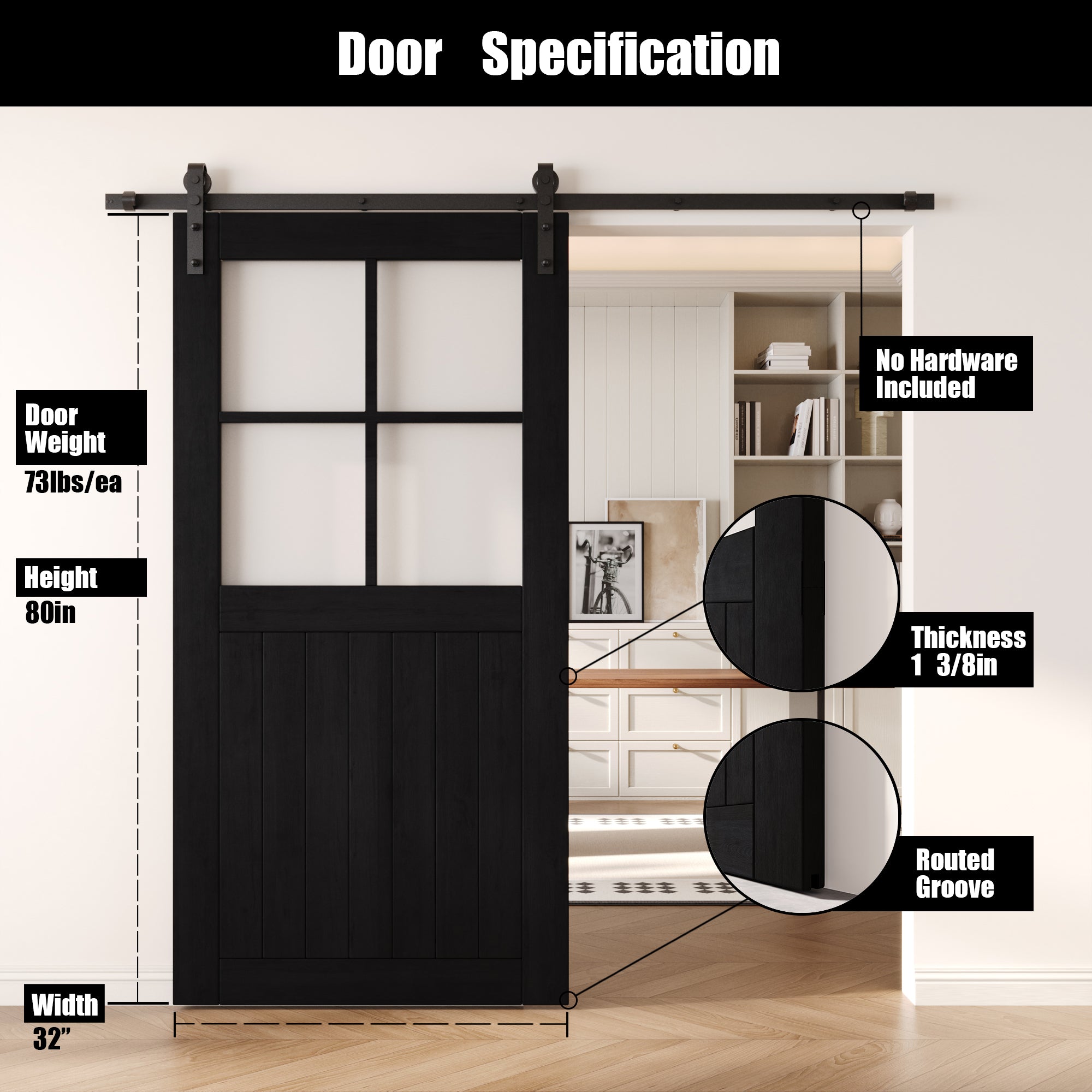 80" Height Black Half Lite Frosted Glass Cross Design Unassembled & Finished Pine Wood Barn Door (Interior Use Only)