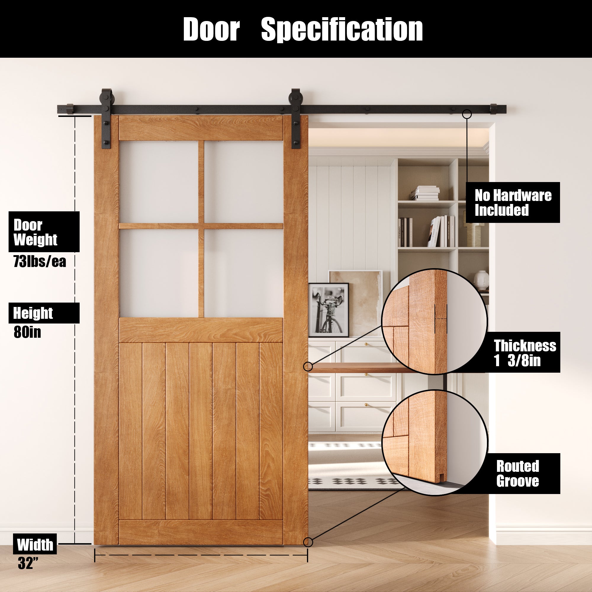 80" Height Early American Half Lite Frosted Glass Cross Design Unassembled & Finished Pine Wood Barn Door (Interior Use Only)