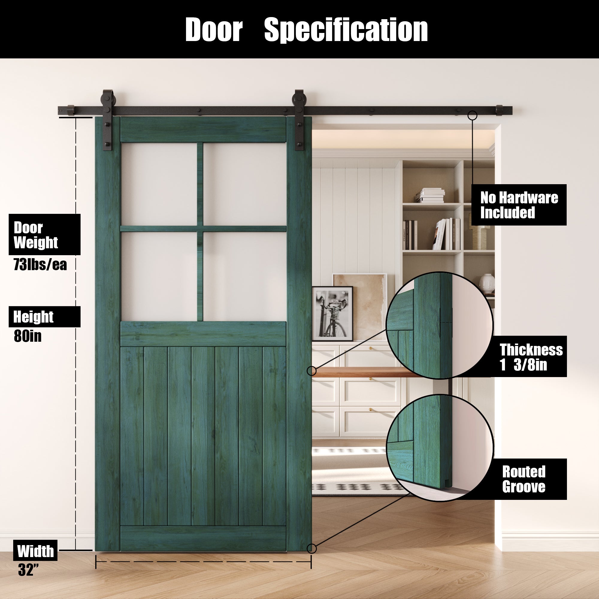 80" Height Royal Pine Half Lite Frosted Glass Cross Design Unassembled & Finished Pine Wood Barn Door (Interior Use Only)