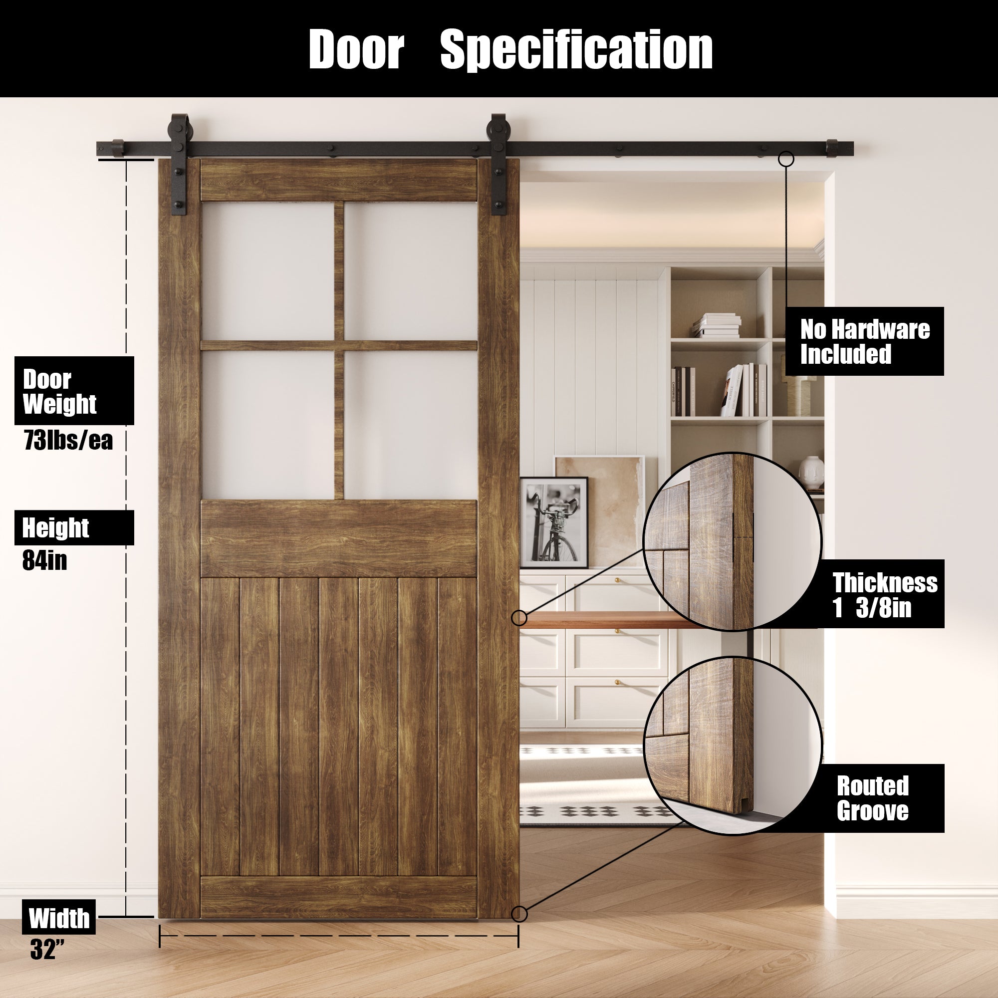 84" Height Dark Walnut Half Lite Frosted Glass Cross Design Unassembled & Finished Pine Wood Barn Door (Interior Use Only)