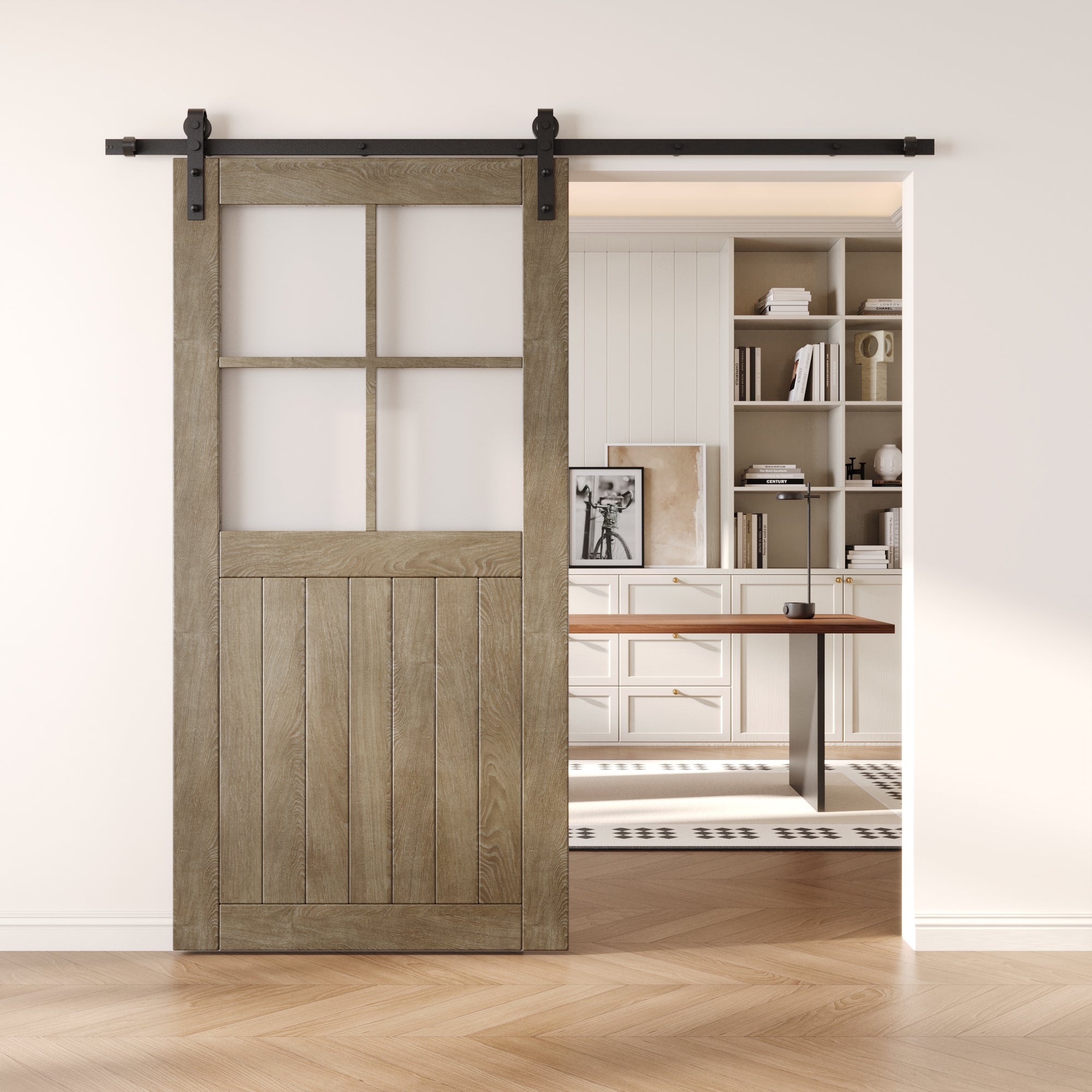 80" Height Classic Gray Half Lite Frosted Glass Cross Design Unassembled & Finished Pine Wood Barn Door (Interior Use Only)