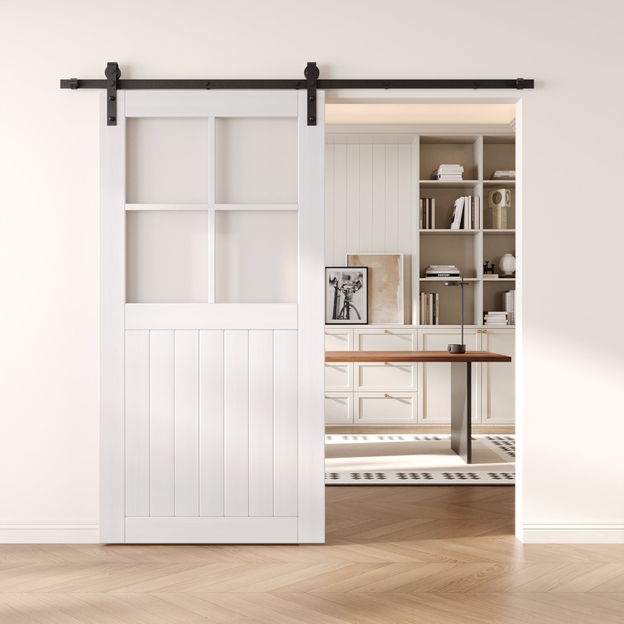 80" Height White Half Lite Frosted Glass Cross Design Unassembled & Finished Pine Wood Barn Door (Interior Use Only)