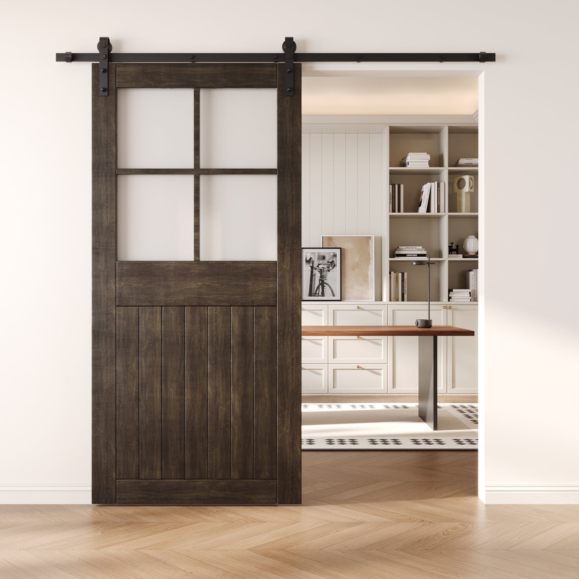 84" Height Ebony Half Lite Frosted Glass Cross Design Unassembled & Finished Pine Wood Barn Door (Interior Use Only)