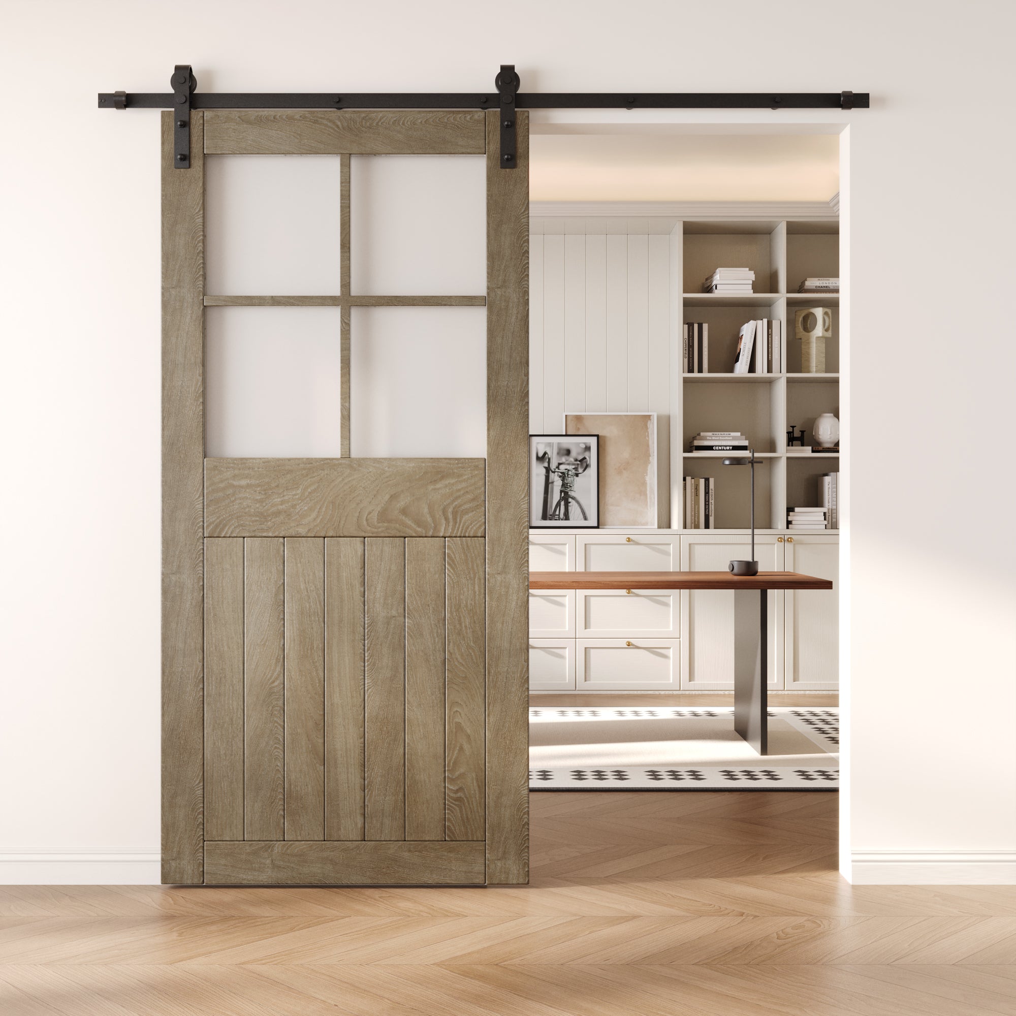84" Height Classic Gray Half Lite Frosted Glass Cross Design Unassembled & Finished Pine Wood Barn Door (Interior Use Only)