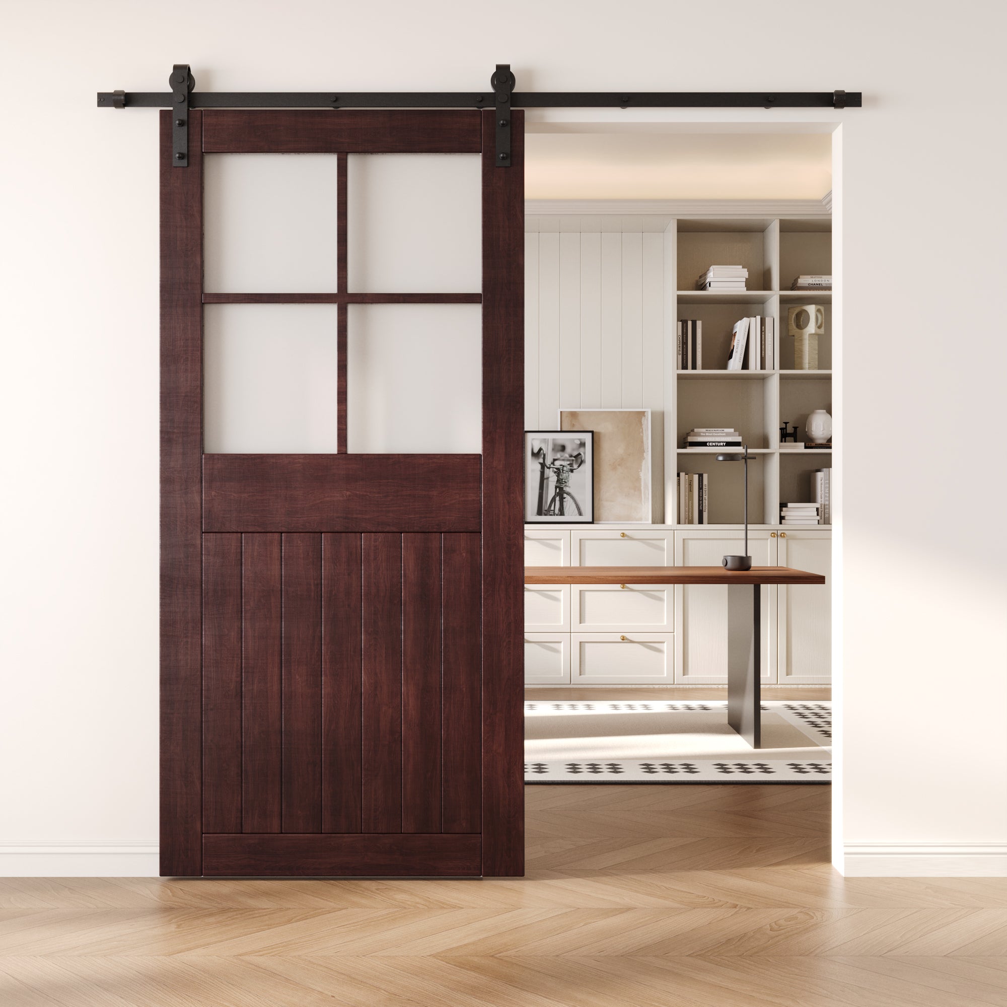 84" Height Red Mahogany Half Lite Grid Glass Unassembled & Finished Pine Wood Barn Door (Interior Use Only)