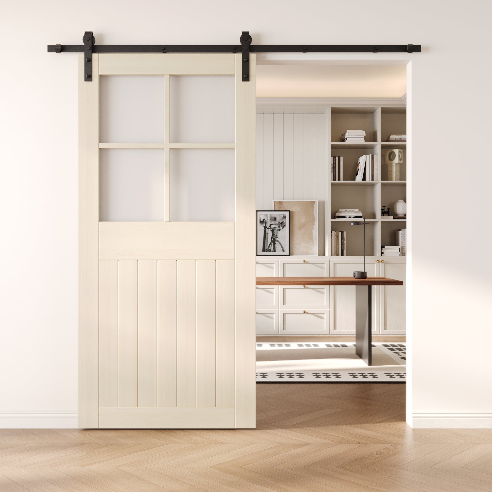 84" Height Tinsmith Gray Half Lite Grid Glass Unassembled & Finished Pine Wood Barn Door (Interior Use Only)