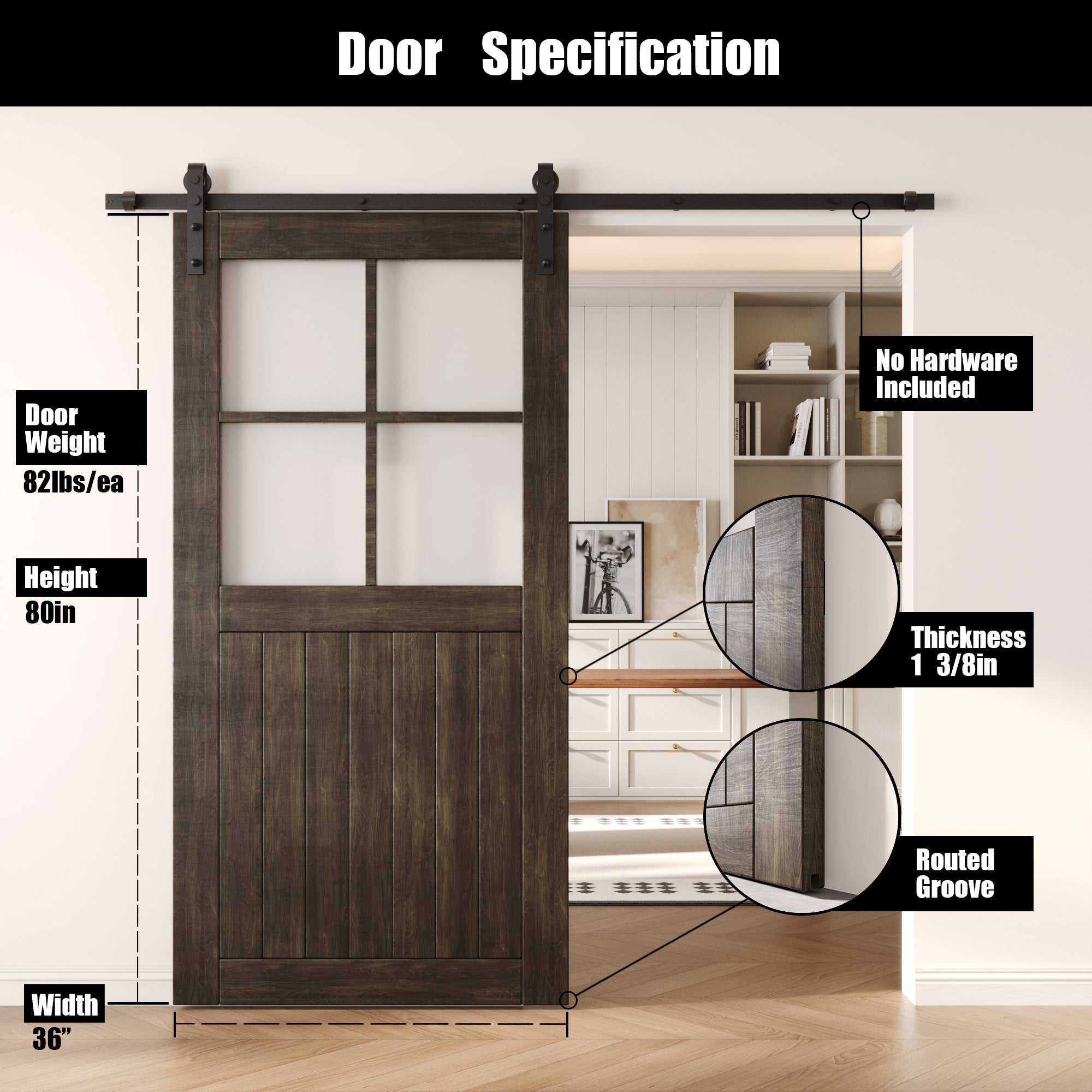 80" Height Ebony Half Lite Frosted Glass Cross Design Unassembled & Finished Pine Wood Barn Door (Interior Use Only)