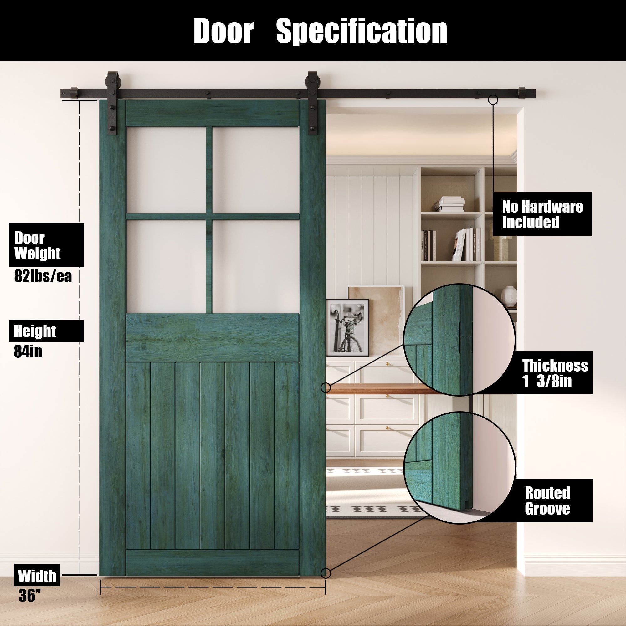 84" Height Royal Pine Half Lite Grid Glass Unassembled & Finished Pine Wood Barn Door (Interior Use Only)