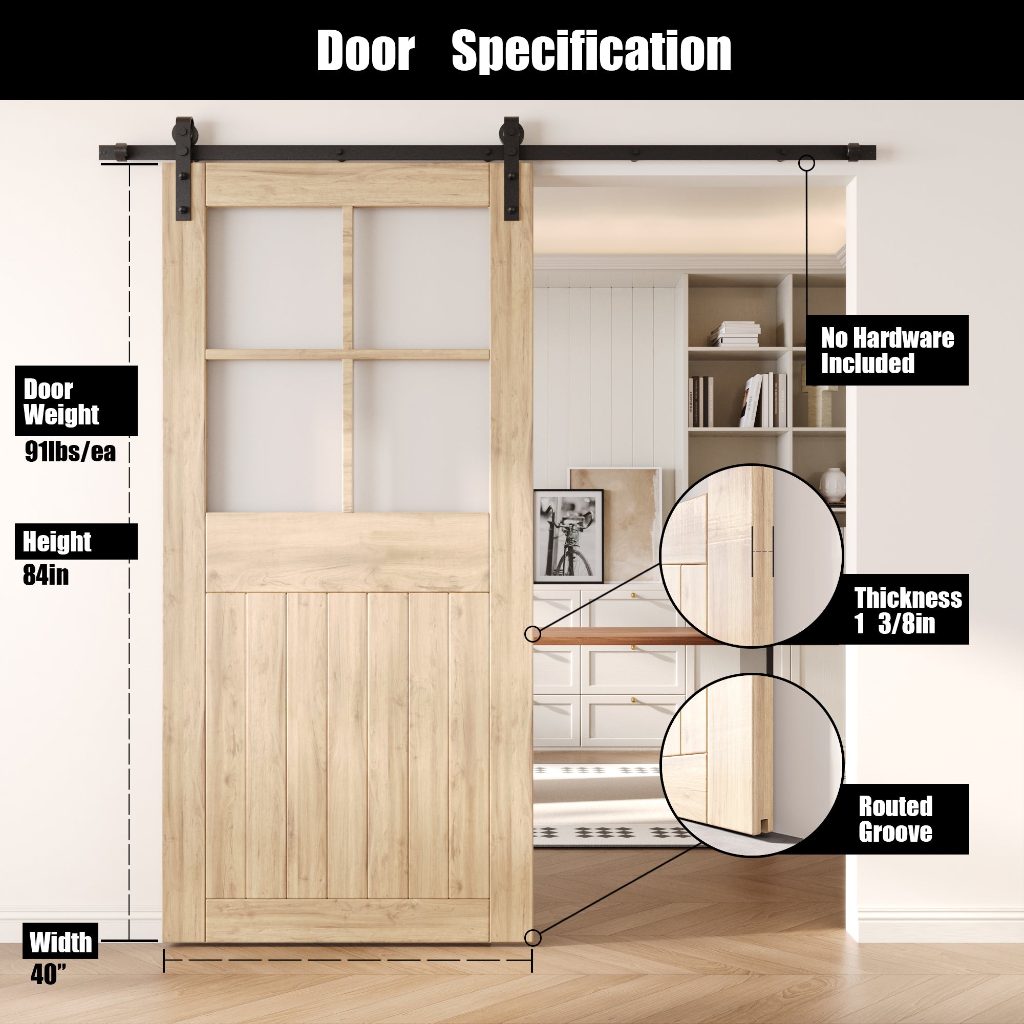84" Height Half Lite Grid Glass Unassembled & Unfinished Pine Wood Barn Door (Interior Use Only)