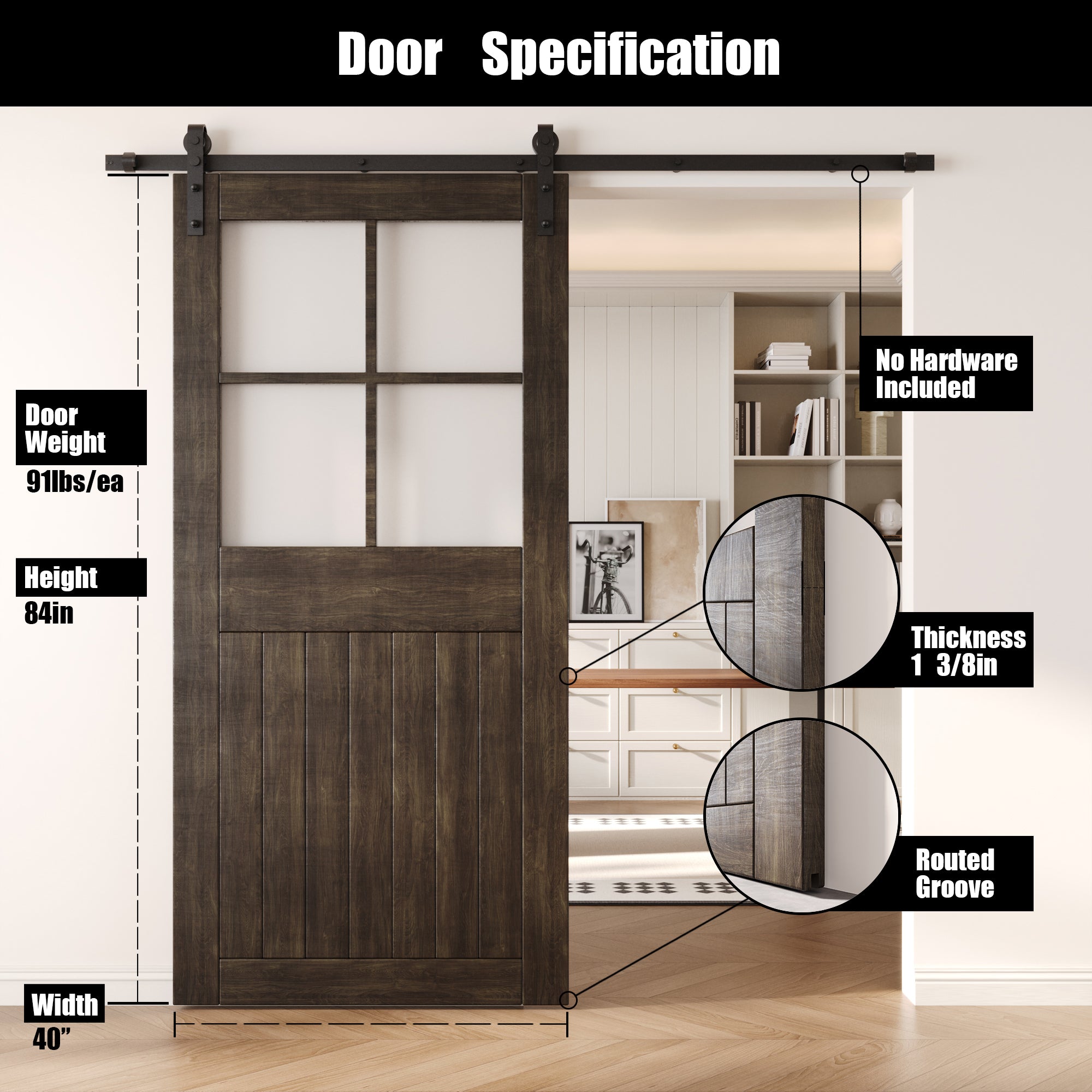 84" Height Ebony Half Lite Frosted Glass Cross Design Unassembled & Finished Pine Wood Barn Door (Interior Use Only)