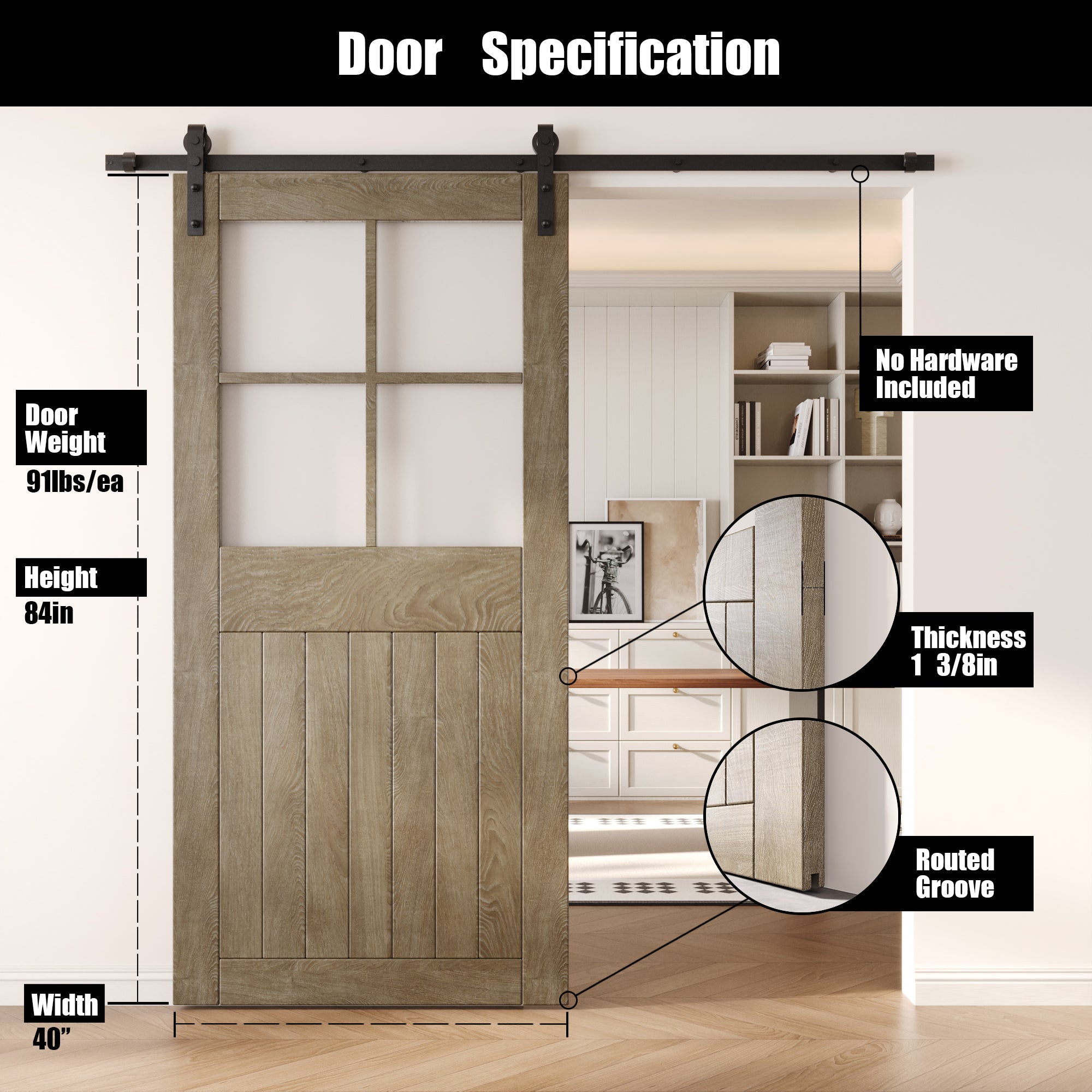 84" Height Classic Gray Half Lite Frosted Glass Cross Design Unassembled & Finished Pine Wood Barn Door (Interior Use Only)
