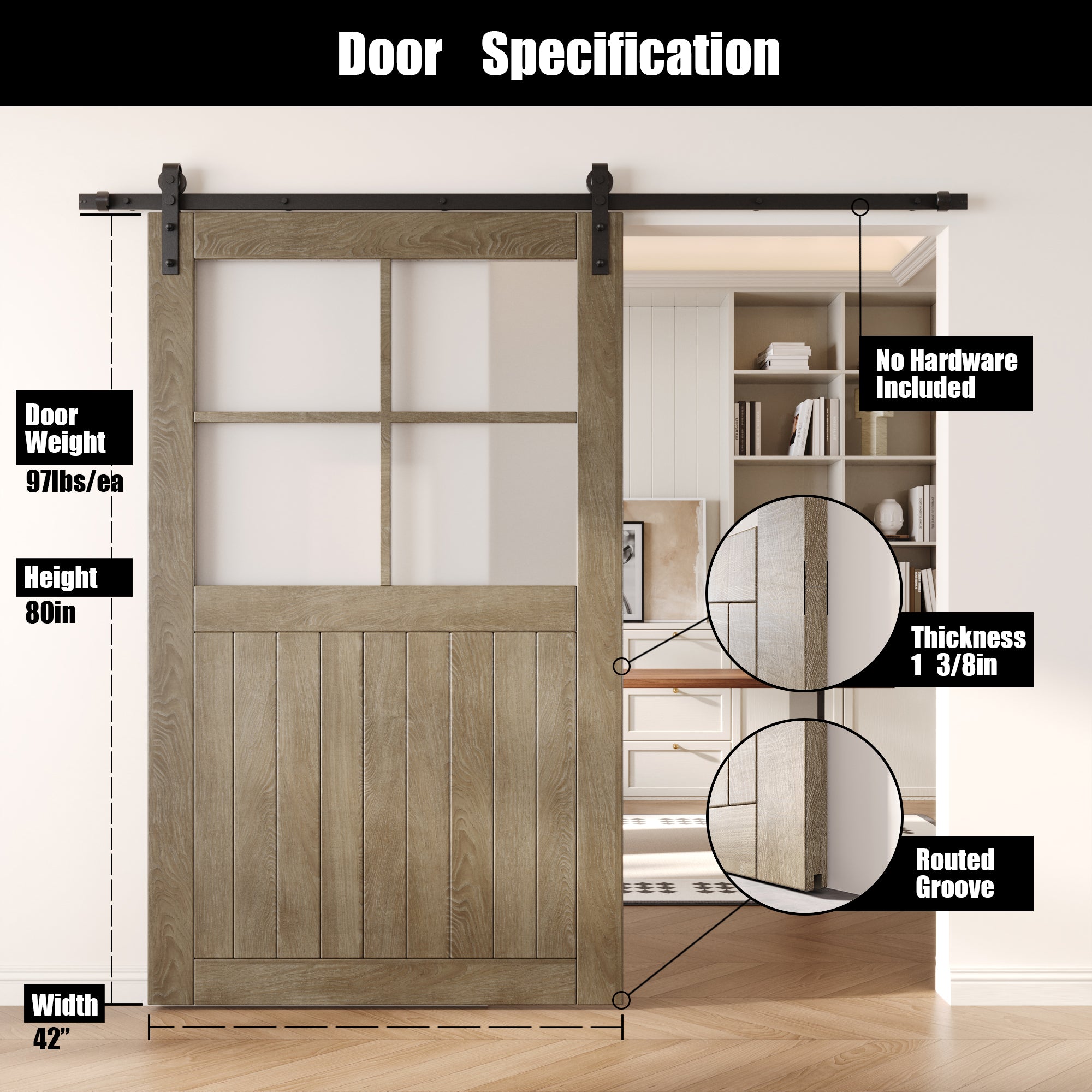 80" Height Classic Gray Half Lite Frosted Glass Cross Design Unassembled & Finished Pine Wood Barn Door (Interior Use Only)