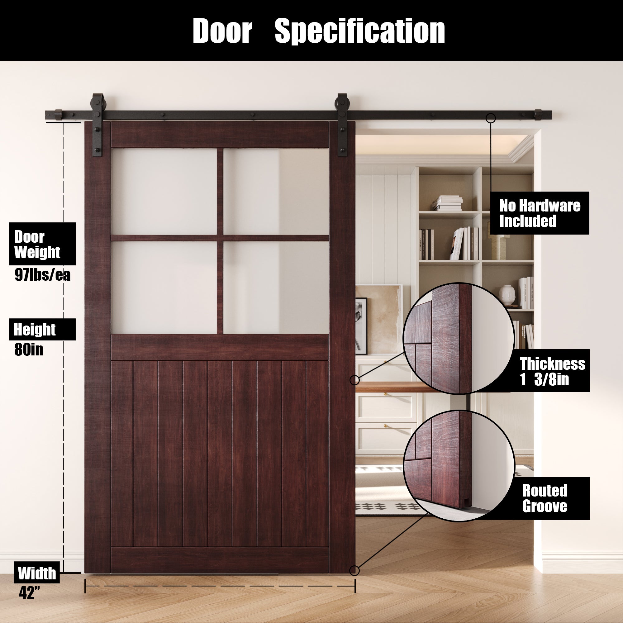 80" Height Red Mahogany Half Lite Frosted Glass Cross Design Unassembled & Finished Pine Wood Barn Door (Interior Use Only)