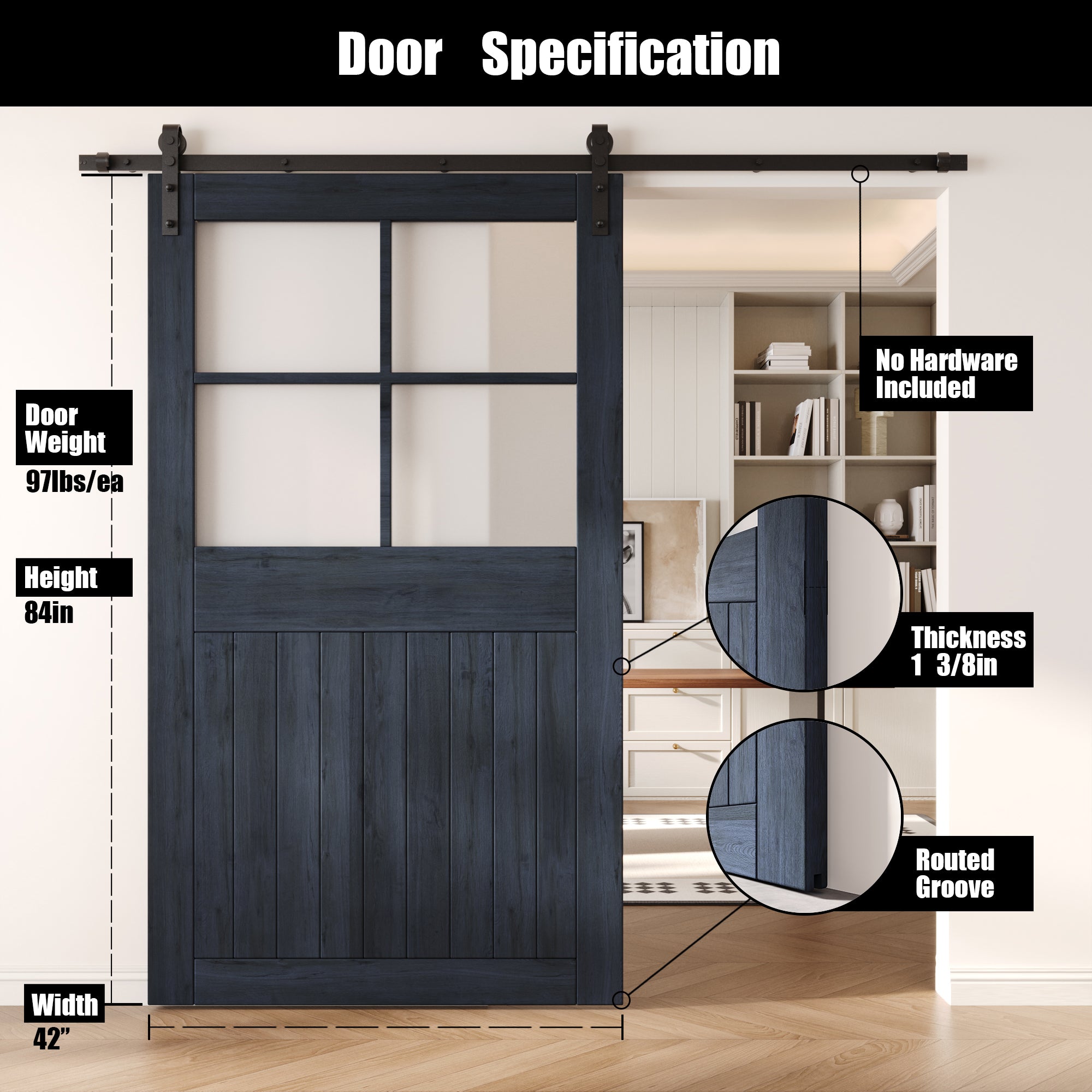 84" Height Navy Half Lite Grid Glass Unassembled & Finished Pine Wood Barn Door (Interior Use Only)