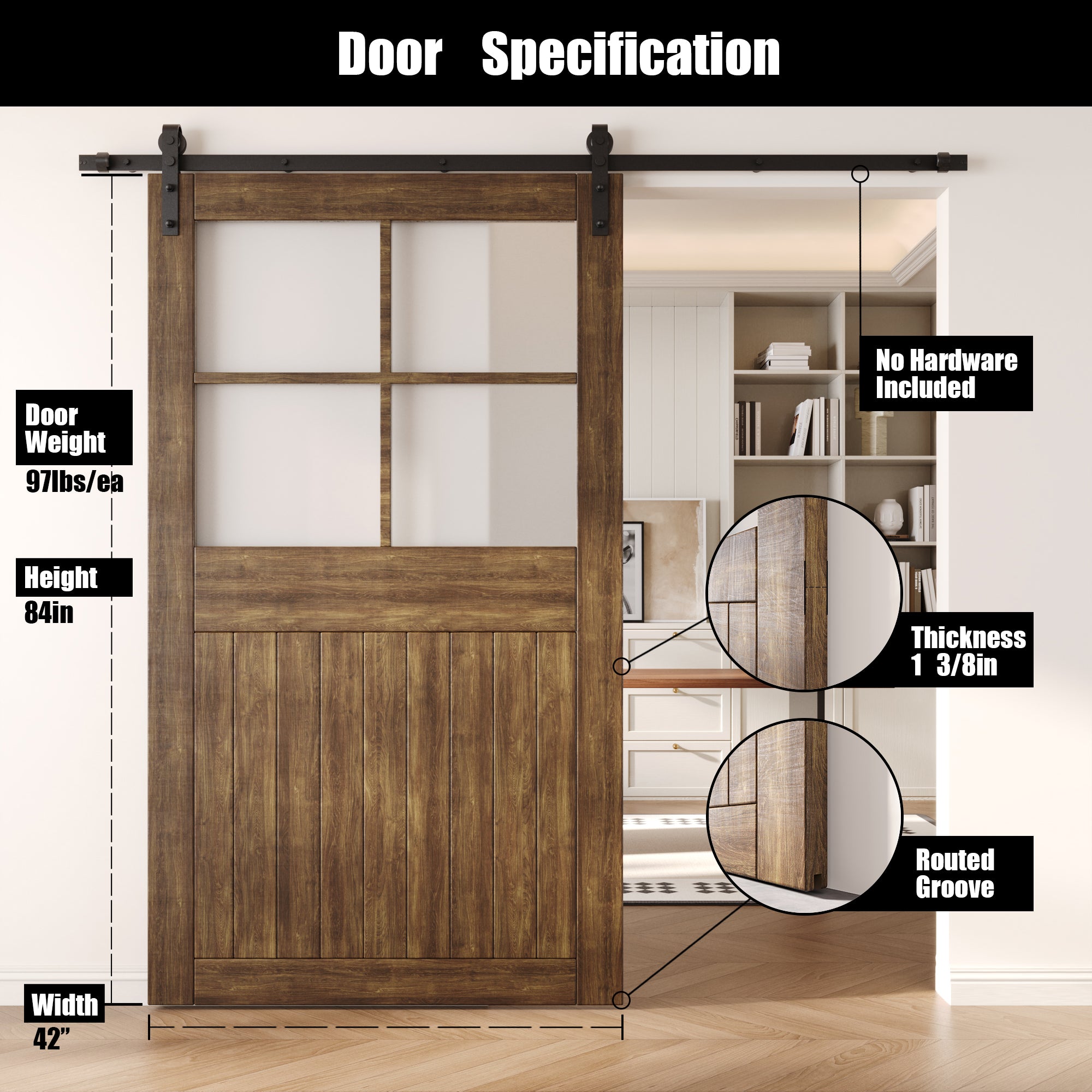 84" Height Dark Walnut Half Lite Frosted Glass Cross Design Unassembled & Finished Pine Wood Barn Door (Interior Use Only)