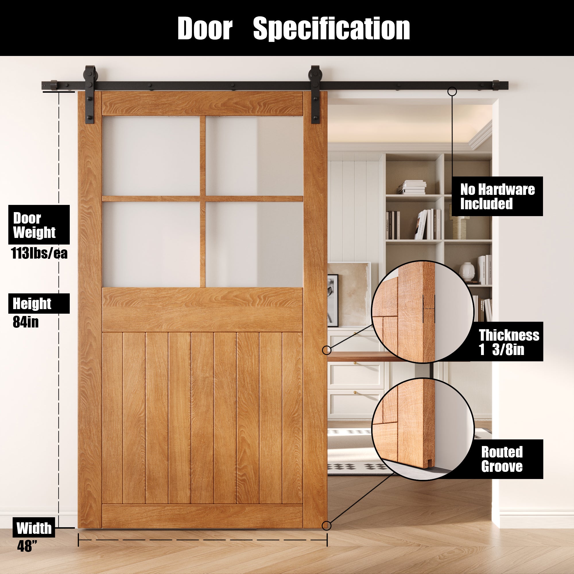 84" Height Early American Half Lite Frosted Glass Cross Design Unassembled & Finished Pine Wood Barn Door (Interior Use Only)
