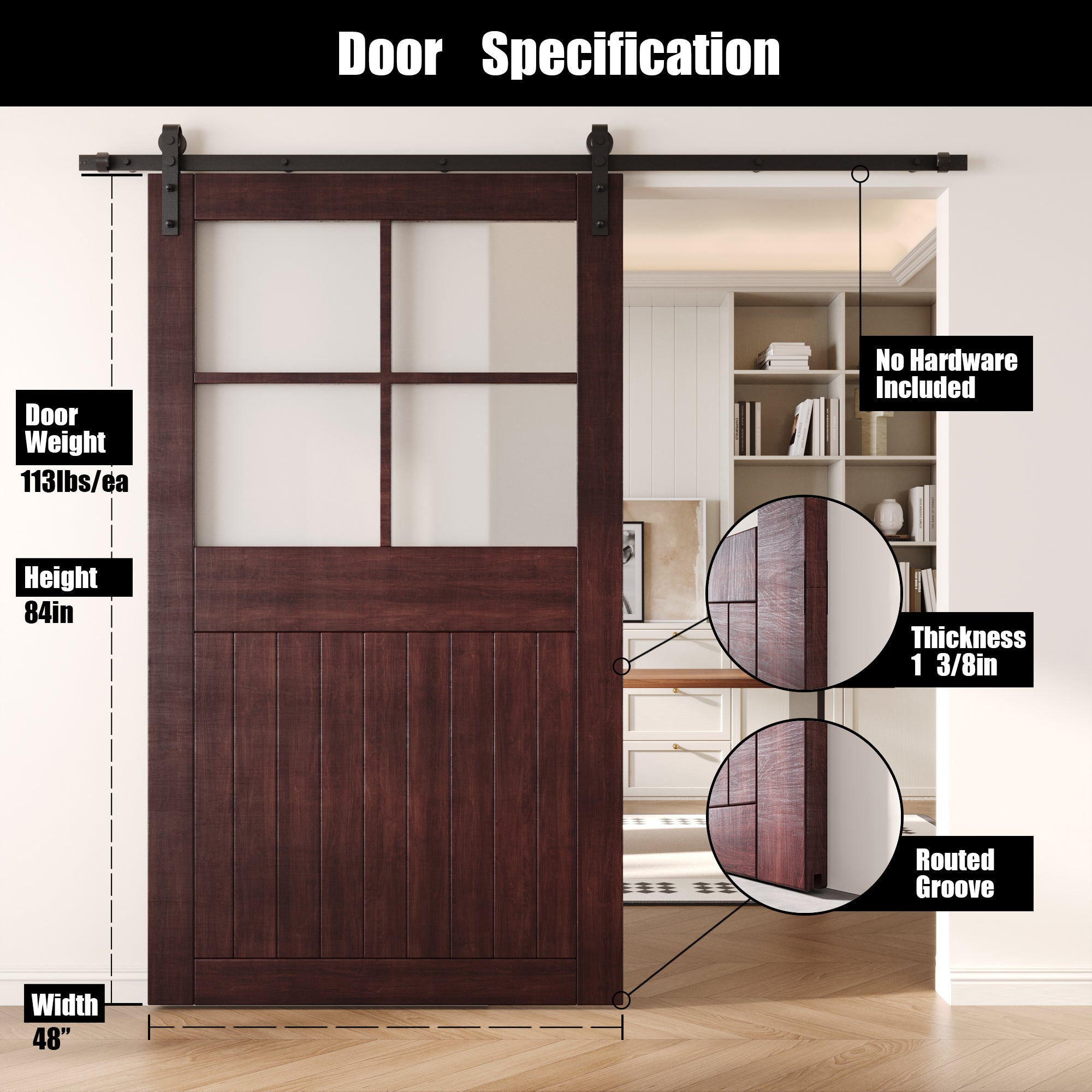 84" Height Red Mahogany Half Lite Grid Glass Unassembled & Finished Pine Wood Barn Door (Interior Use Only)