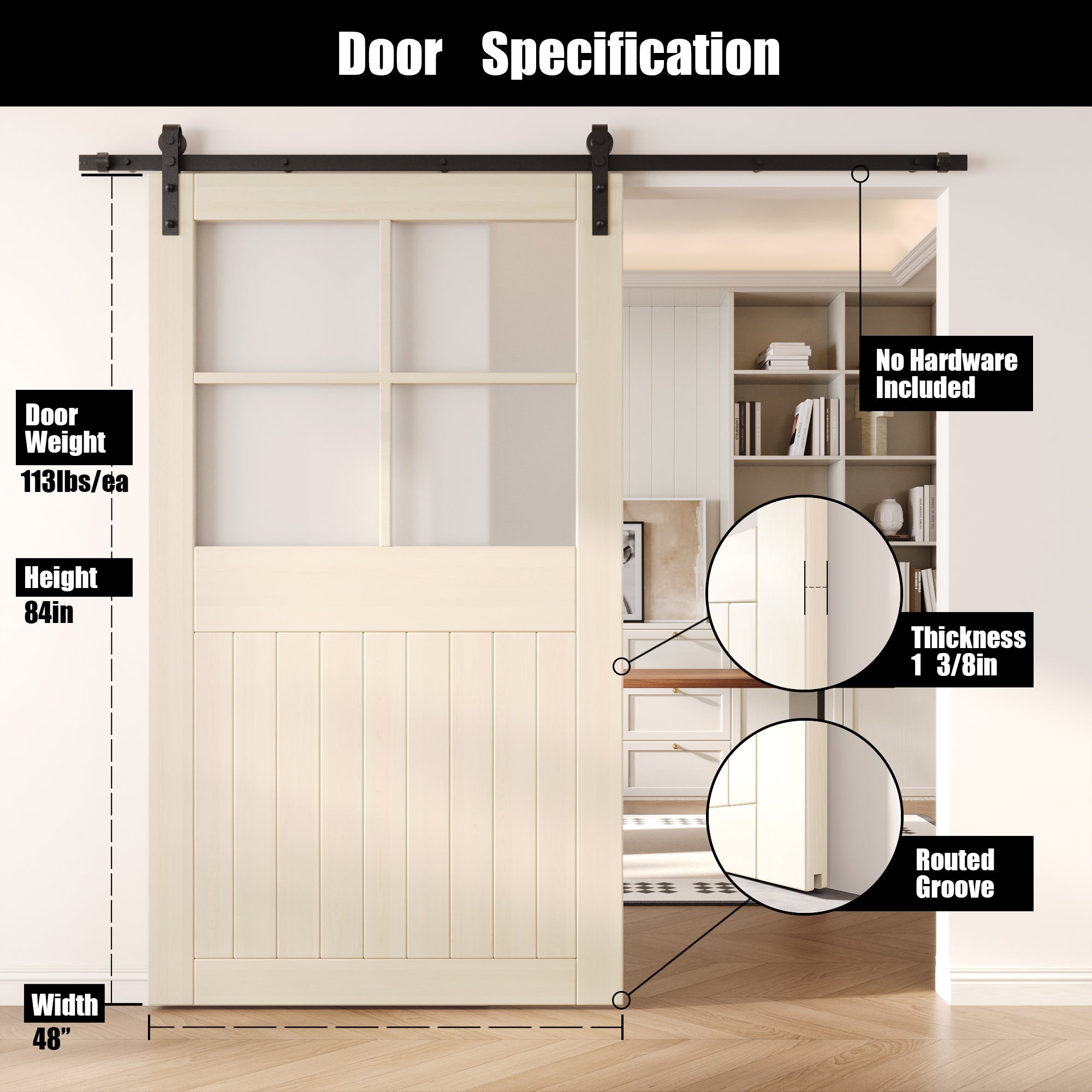84" Height Tinsmith Gray Half Lite Grid Glass Unassembled & Finished Pine Wood Barn Door (Interior Use Only)