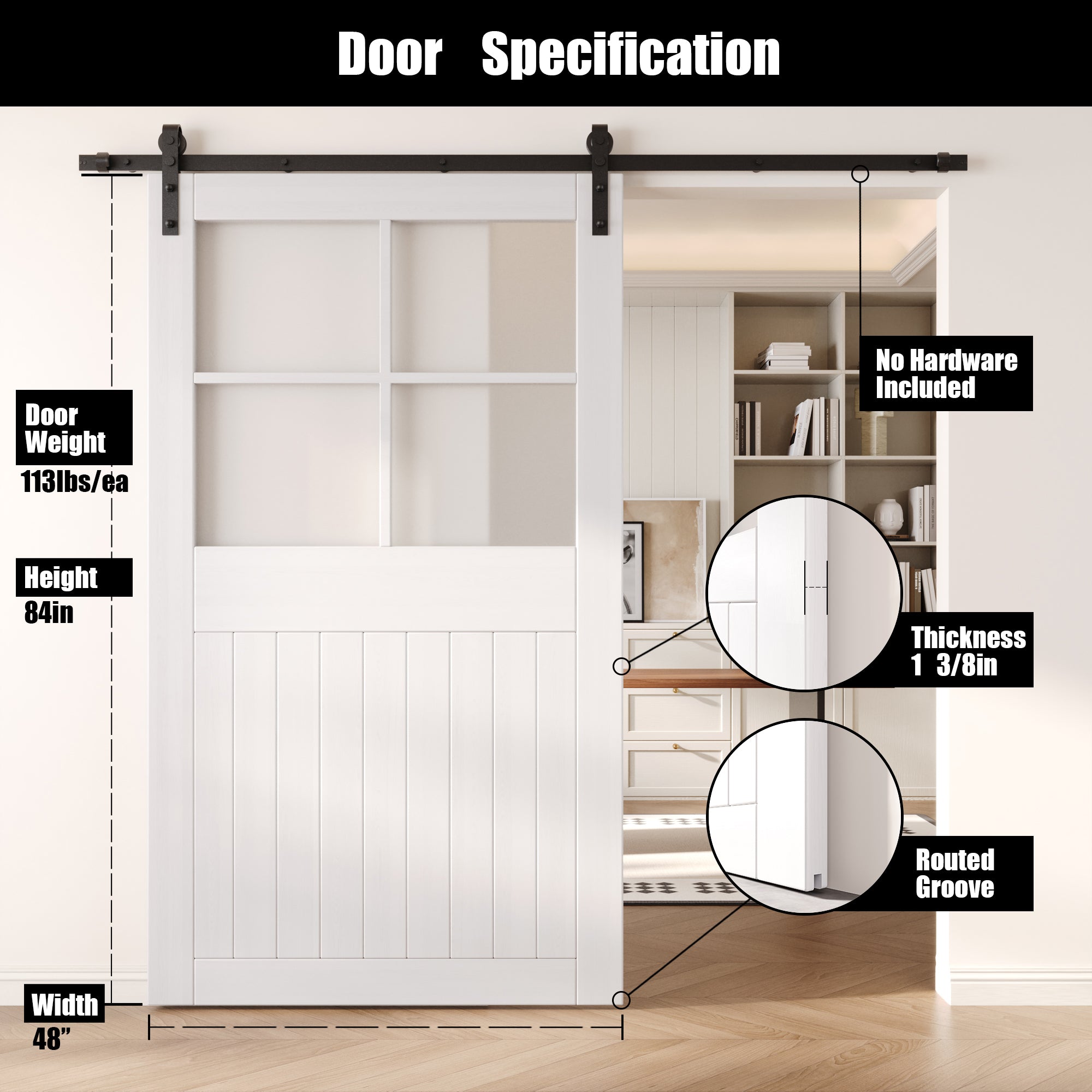 84" Height White Half Lite Grid Glass Unassembled & Finished Pine Wood Barn Door (Interior Use Only)
