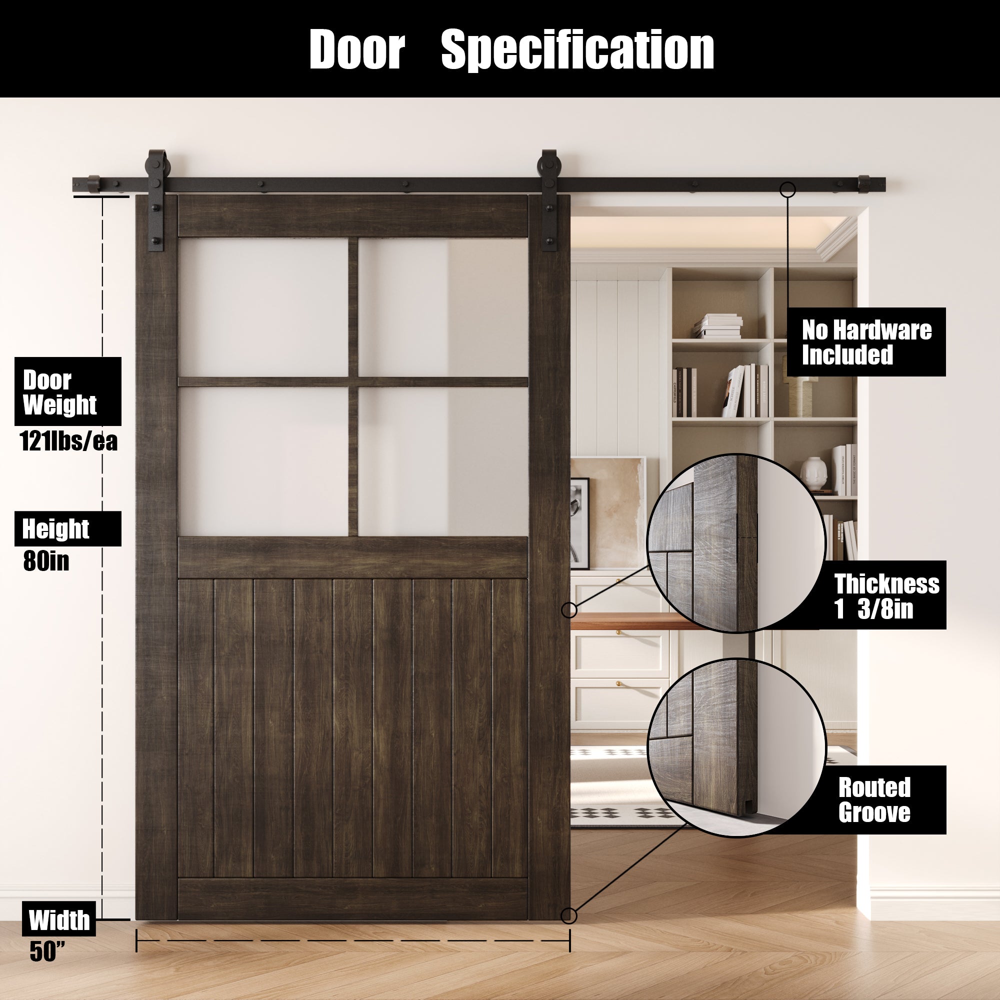 80" Height Ebony Half Lite Frosted Glass Cross Design Unassembled & Finished Pine Wood Barn Door (Interior Use Only)
