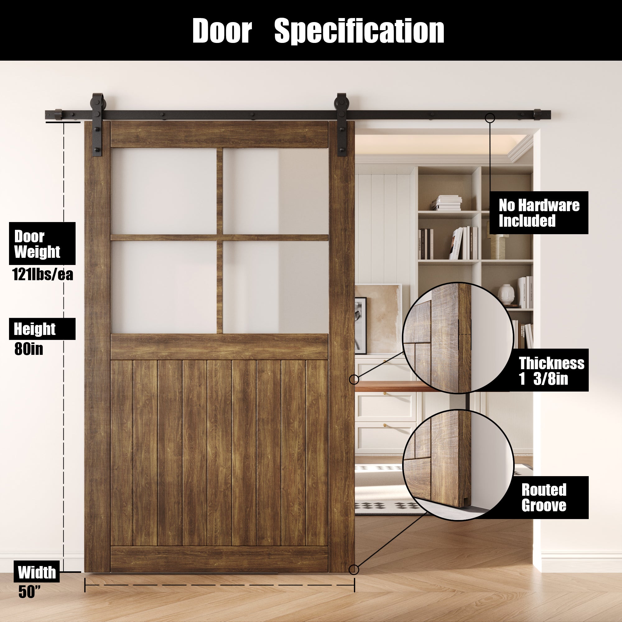 80" Height Dark Walnut Half Lite Frosted Glass Cross Design Unassembled & Finished Pine Wood Barn Door (Interior Use Only)