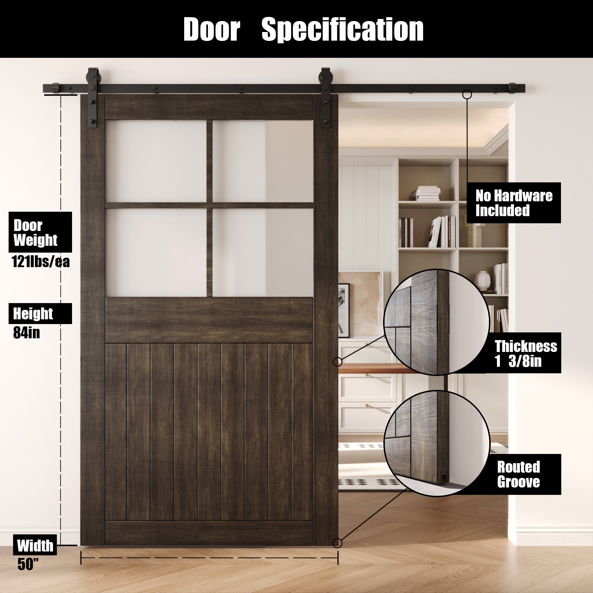 84" Height Ebony Half Lite Frosted Glass Cross Design Unassembled & Finished Pine Wood Barn Door (Interior Use Only)