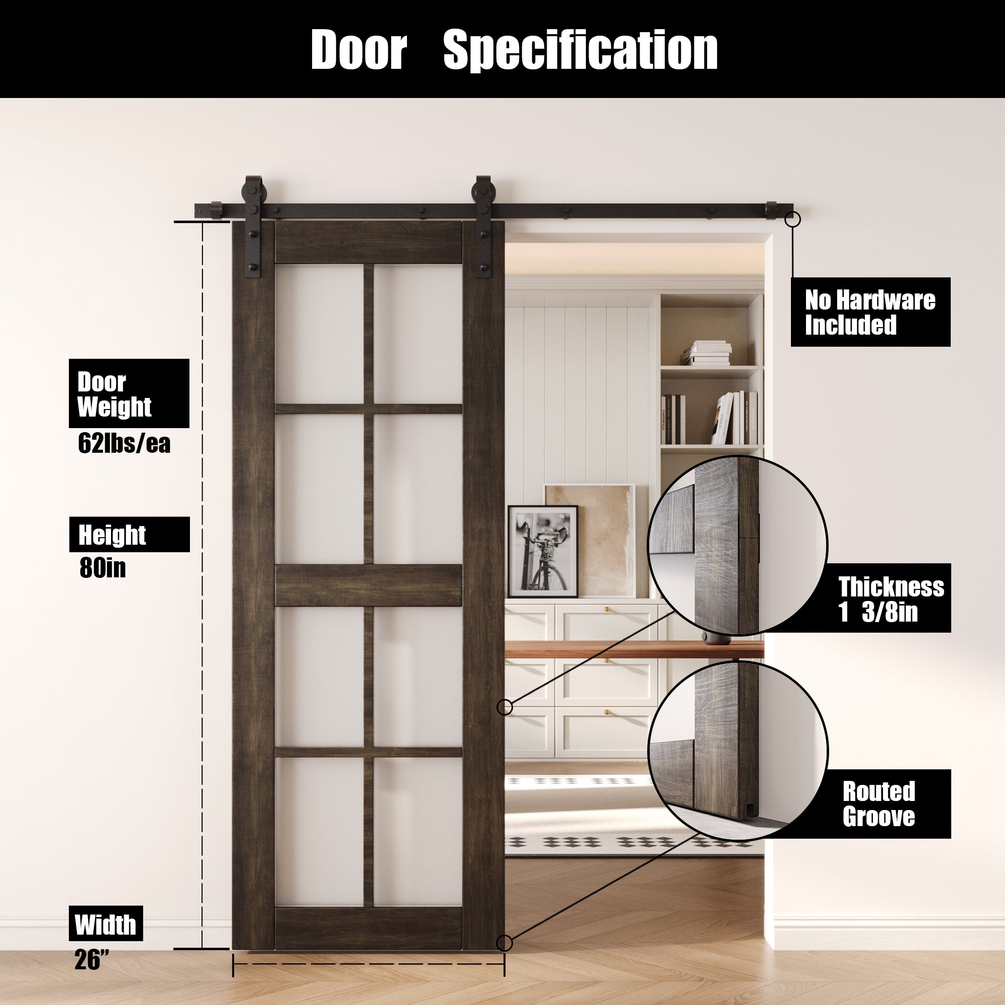 80" Height Ebony 8-Lite Frosted Glass Unassembled & Finished Pine Wood Barn Door (Interior Use Only)