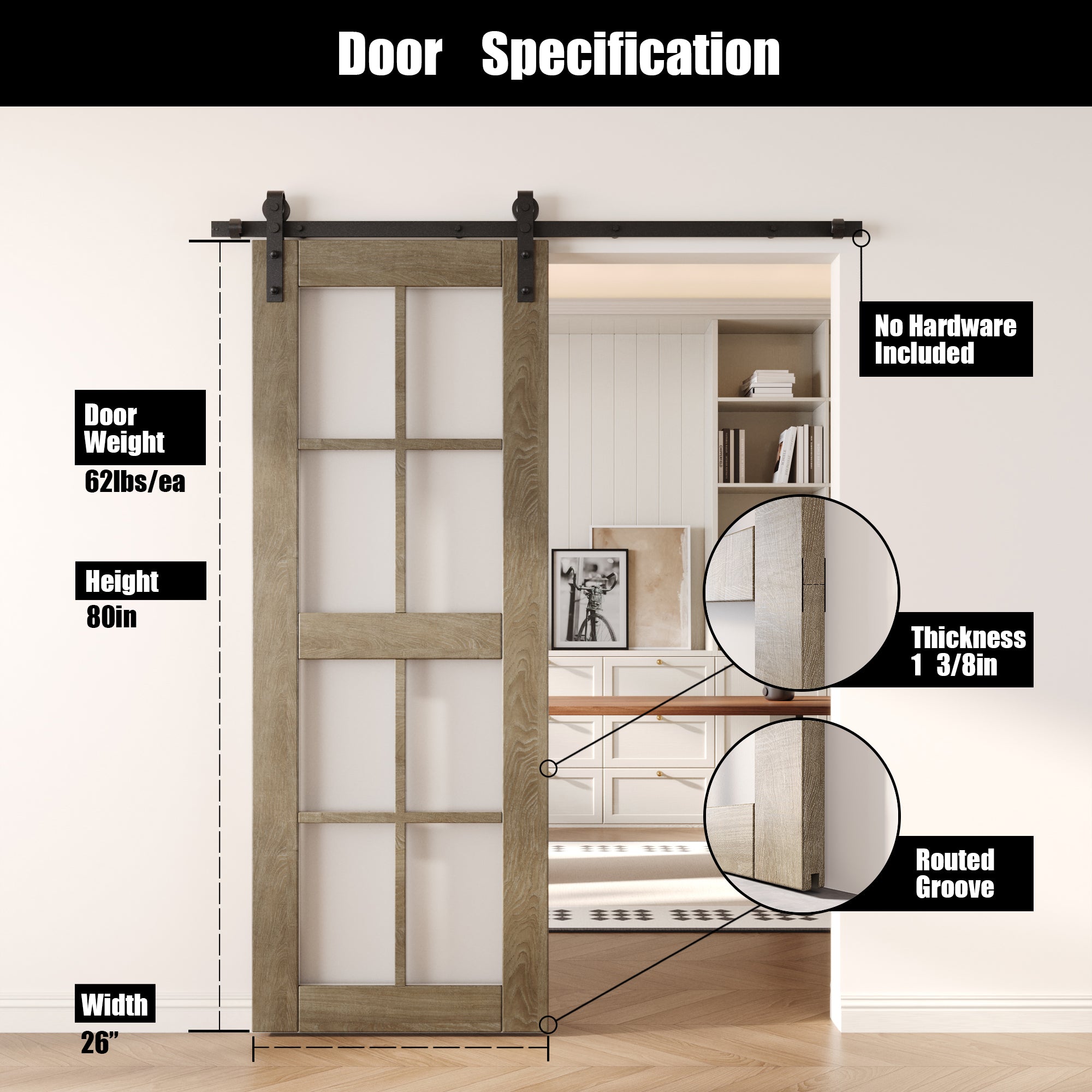 80" Height Classic Gray 8-Lite Frosted Glass Unassembled & Finished Pine Wood Barn Door (Interior Use Only)