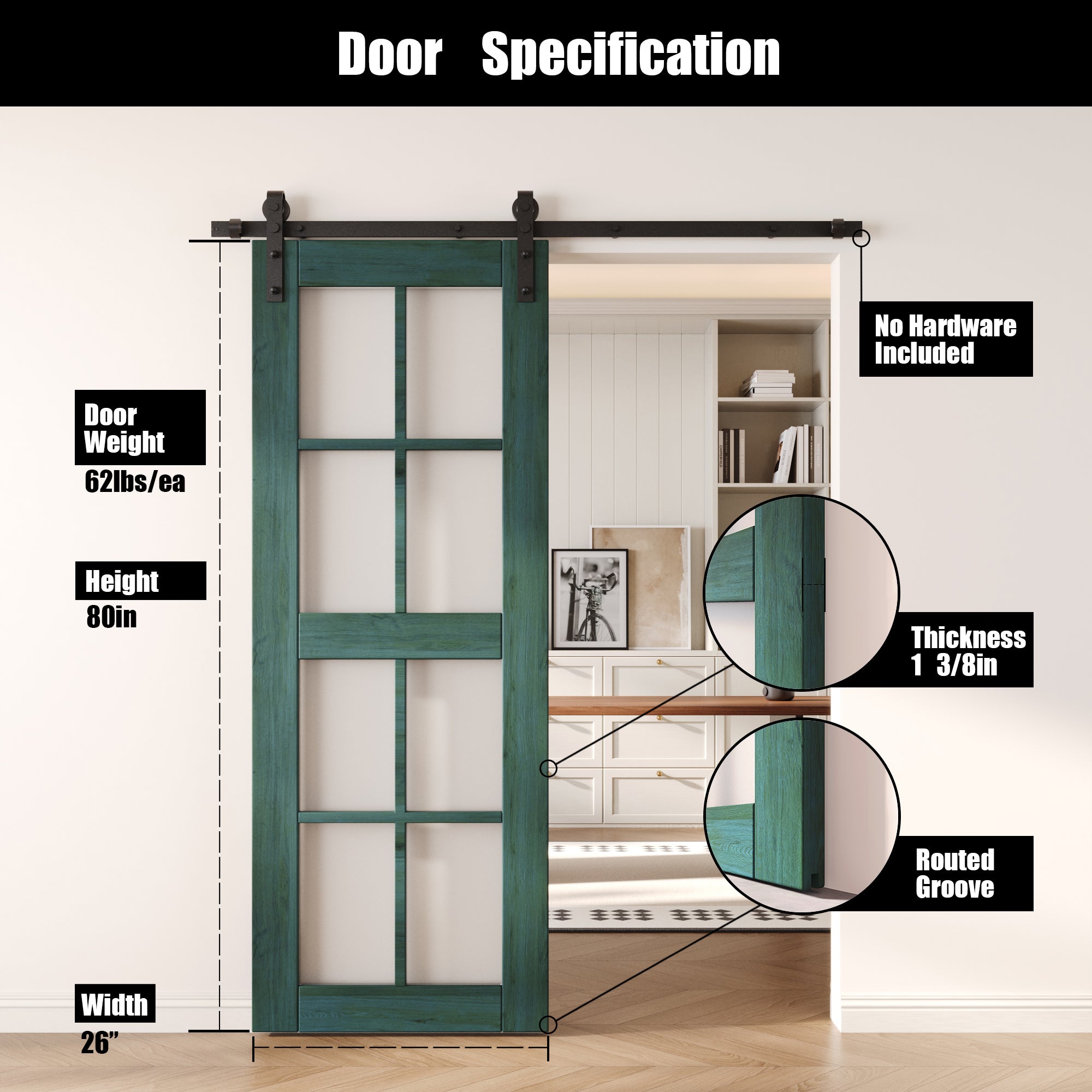 80" Height Royal Pine 8-Lite Frosted Glass Unassembled & Finished Pine Wood Barn Door (Interior Use Only)