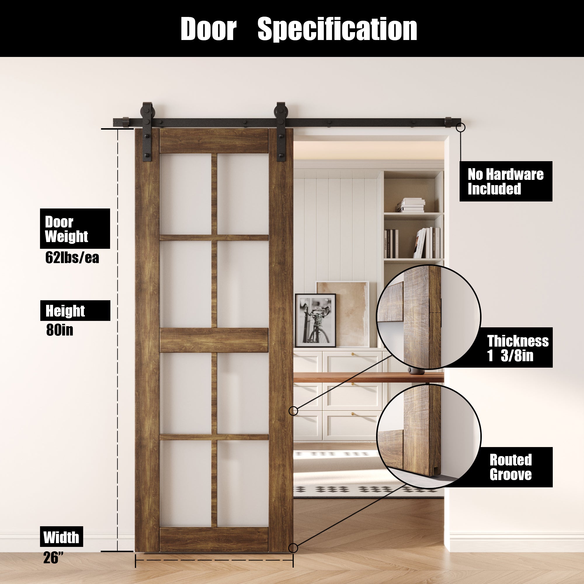 80" Height Dark Walnut 8-Lite Frosted Glass Unassembled & Finished Pine Wood Barn Door (Interior Use Only)